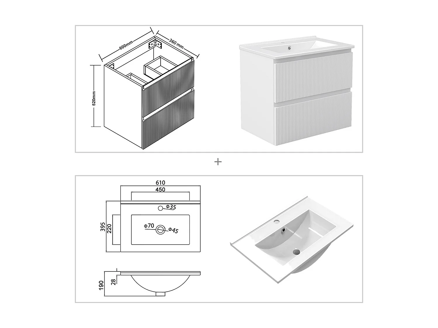 Meuble de salle de bain suspendu Strié 60cm avec simple vasque + 2 tiroirs, Blanc