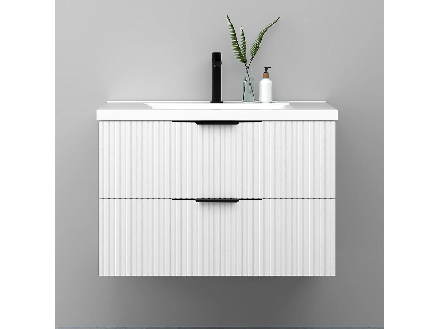 Meuble de salle de bain suspendu Strié 80cm avec poignées + simple vasque + 2 tiroirs, Blanc