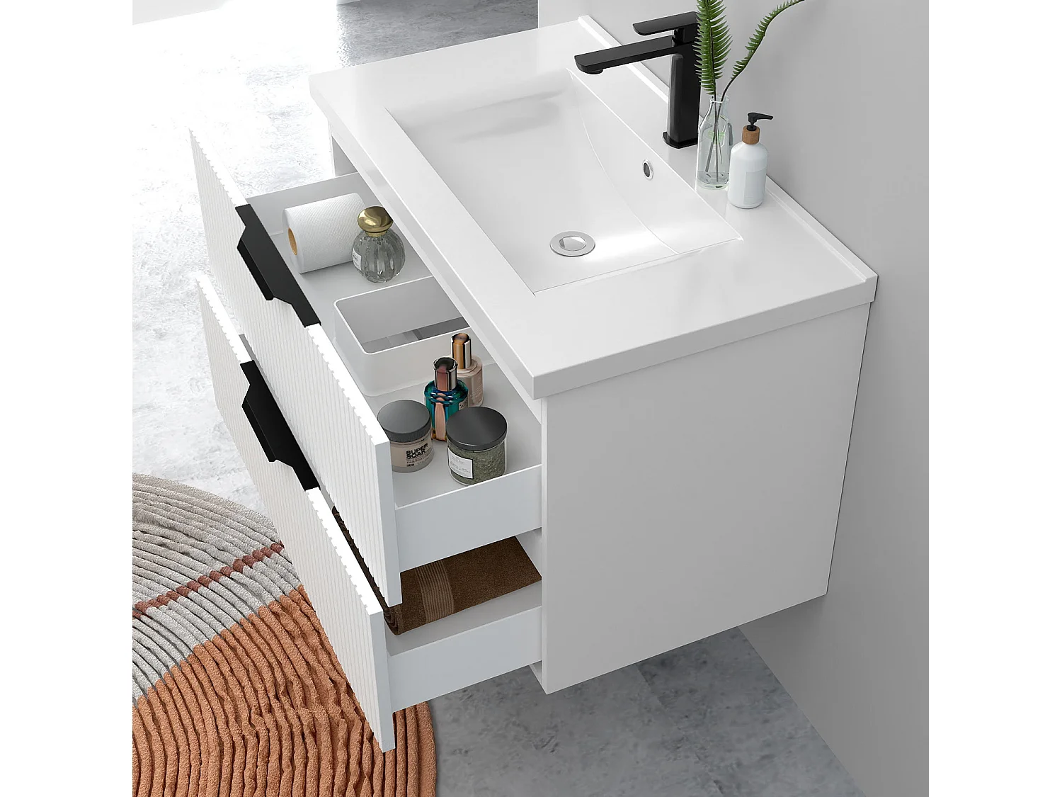 Meuble de salle de bain suspendu Strié 80cm avec poignées + simple vasque + 2 tiroirs, Blanc