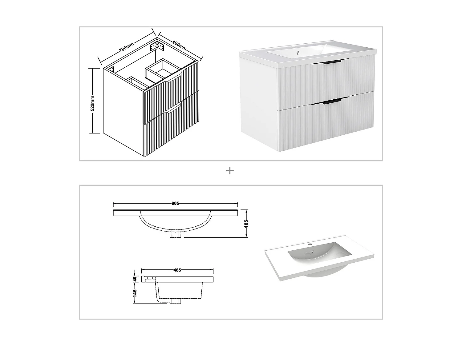 Meuble de salle de bain suspendu Strié 80cm avec poignées + simple vasque + 2 tiroirs, Blanc