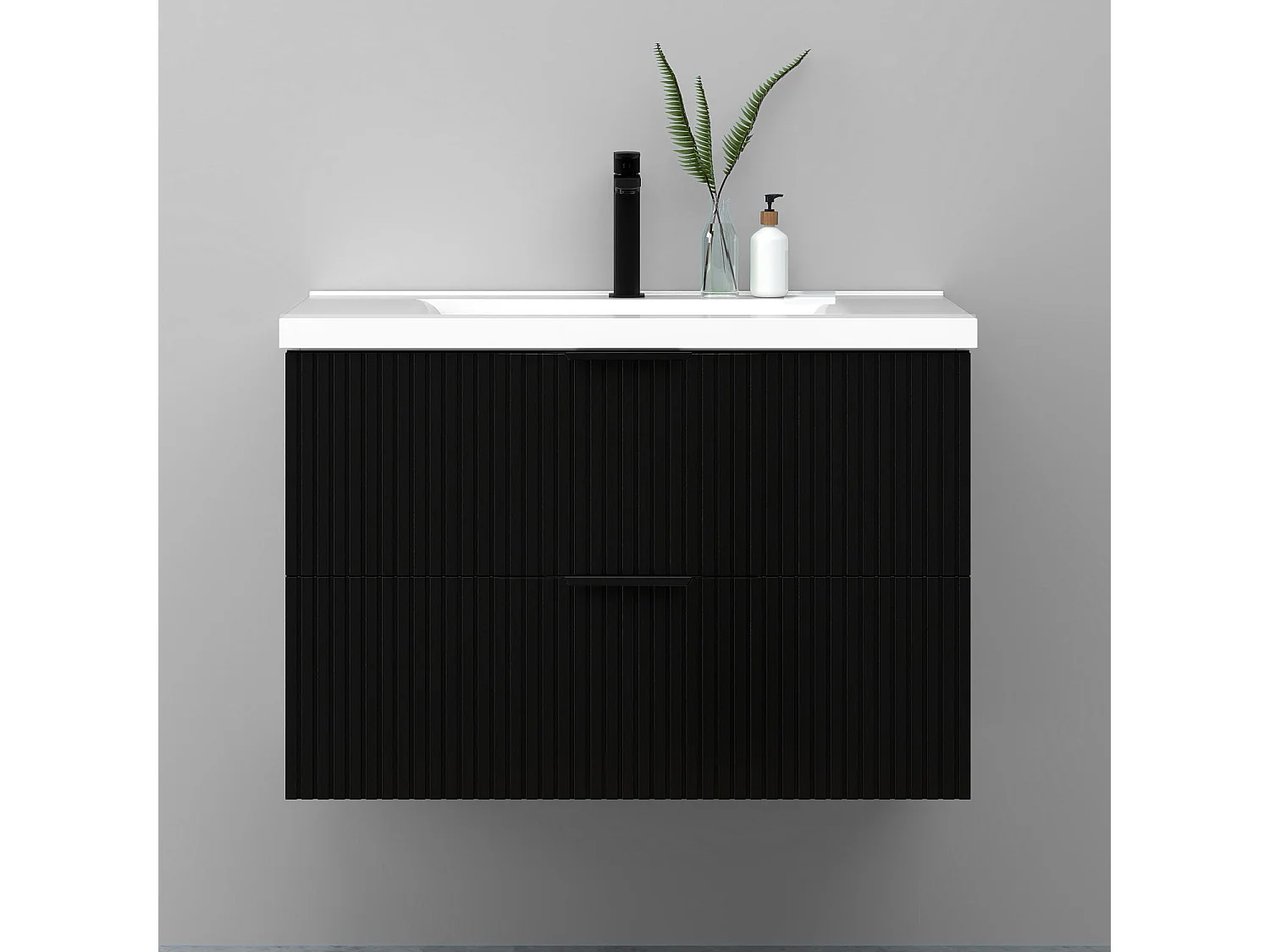 Meuble de salle de bain suspendu Strié 80cm avec poignées + simple vasque + 2 tiroirs, Noir