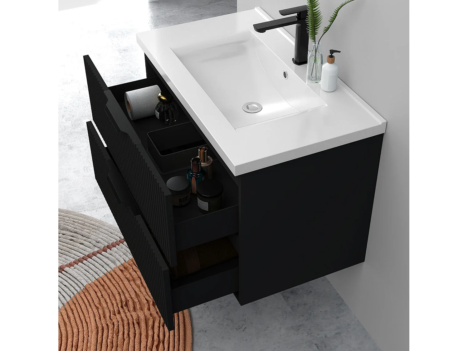 Meuble de salle de bain suspendu Strié 80cm avec poignées + simple vasque + 2 tiroirs, Noir
