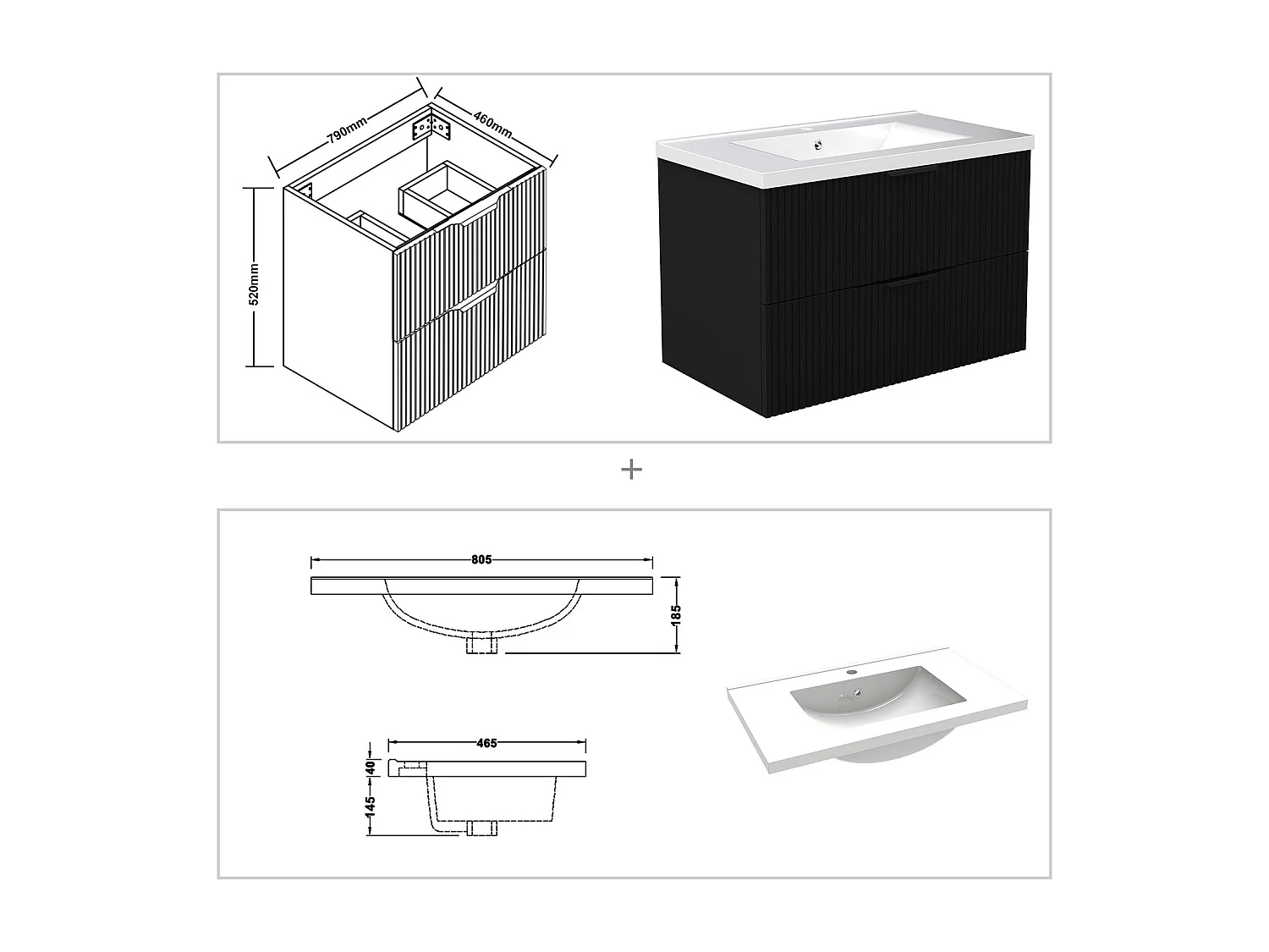 Meuble de salle de bain suspendu Strié 80cm avec poignées + simple vasque + 2 tiroirs, Noir