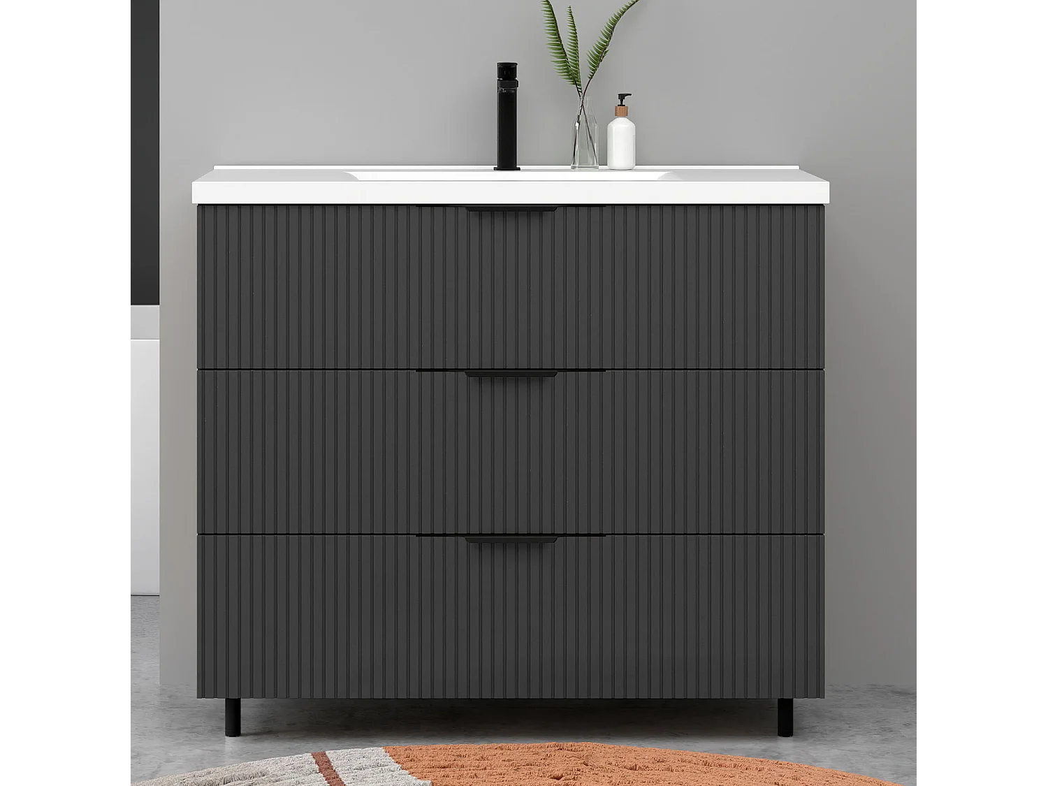 Meuble de salle de bain suspendu Strié 100cm avec poignées + simple vasque + 3 tiroirs, Anthracite