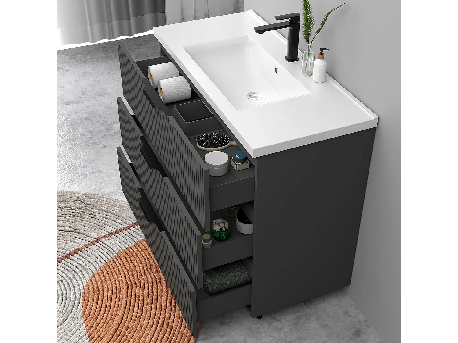 Meuble de salle de bain suspendu Strié 100cm avec poignées + simple vasque + 3 tiroirs, Anthracite