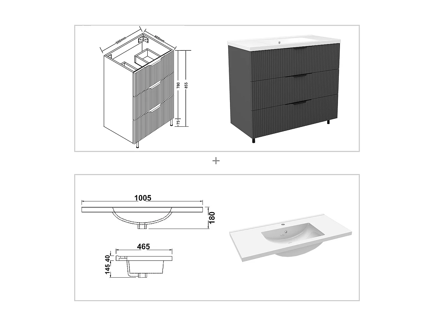 Meuble de salle de bain suspendu Strié 100cm avec poignées + simple vasque + 3 tiroirs, Anthracite