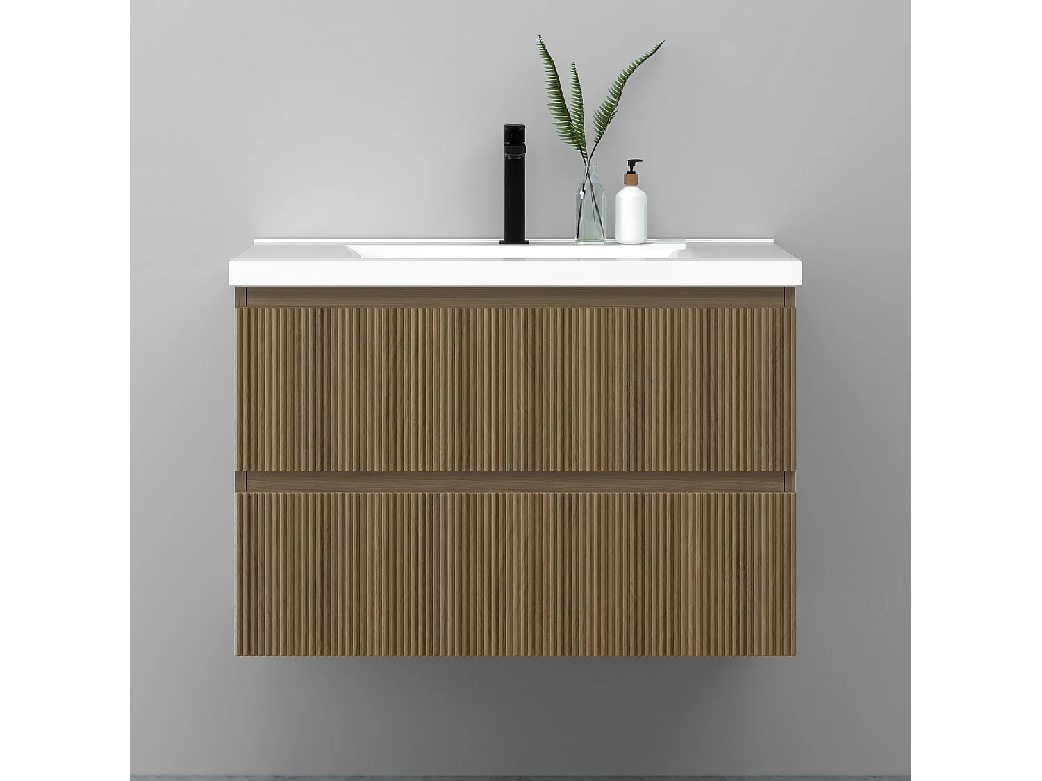 Meuble de salle de bain suspendu Strié 80cm avec simple vasque + 2 tiroirs, Noyer