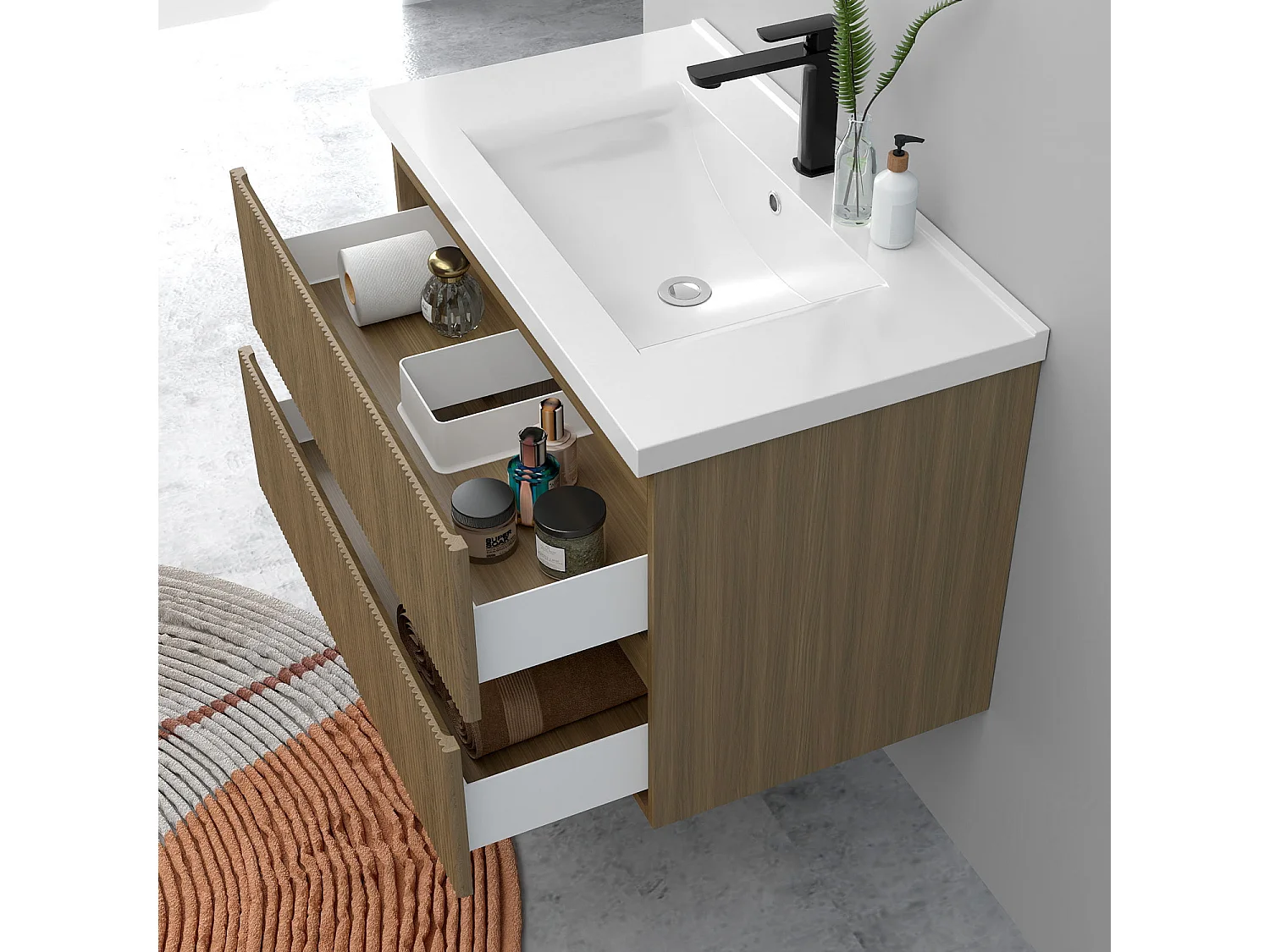 Meuble de salle de bain suspendu Strié 80cm avec simple vasque + 2 tiroirs, Noyer