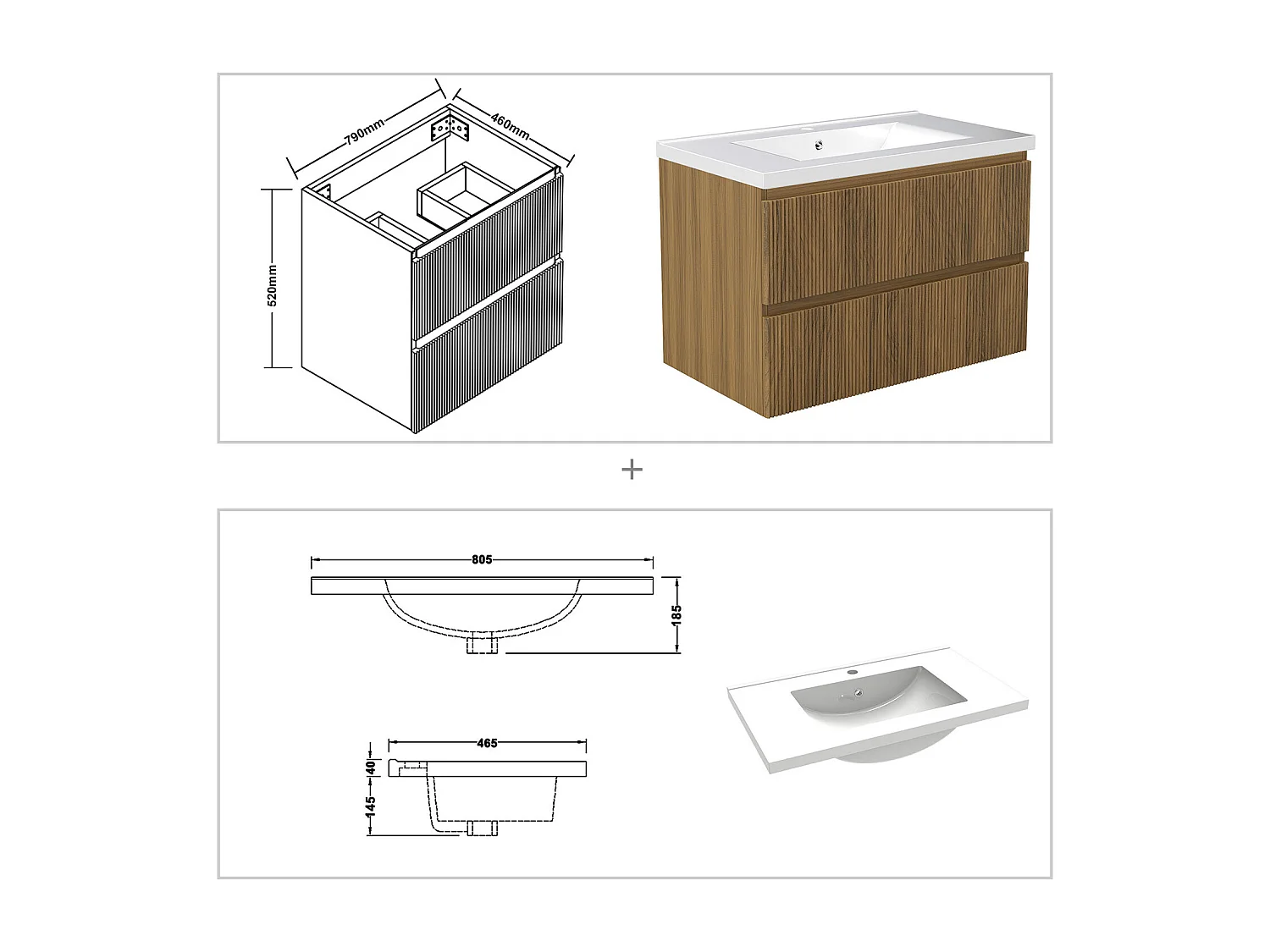 Meuble de salle de bain suspendu Strié 80cm avec simple vasque + 2 tiroirs, Noyer