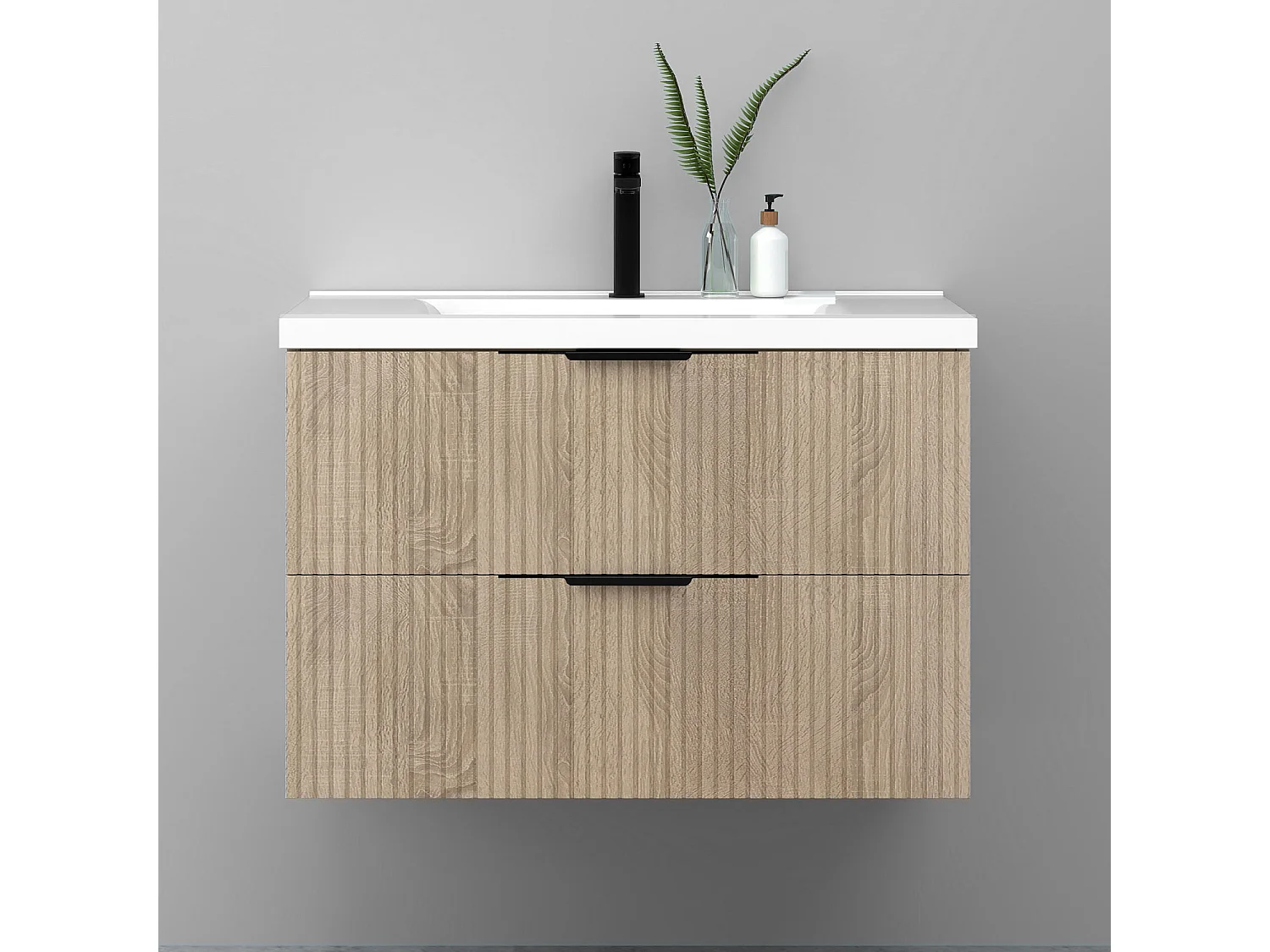 Meuble de salle de bain suspendu Strié 80cm avec poignées + simple vasque + 2 tiroirs, Chêne