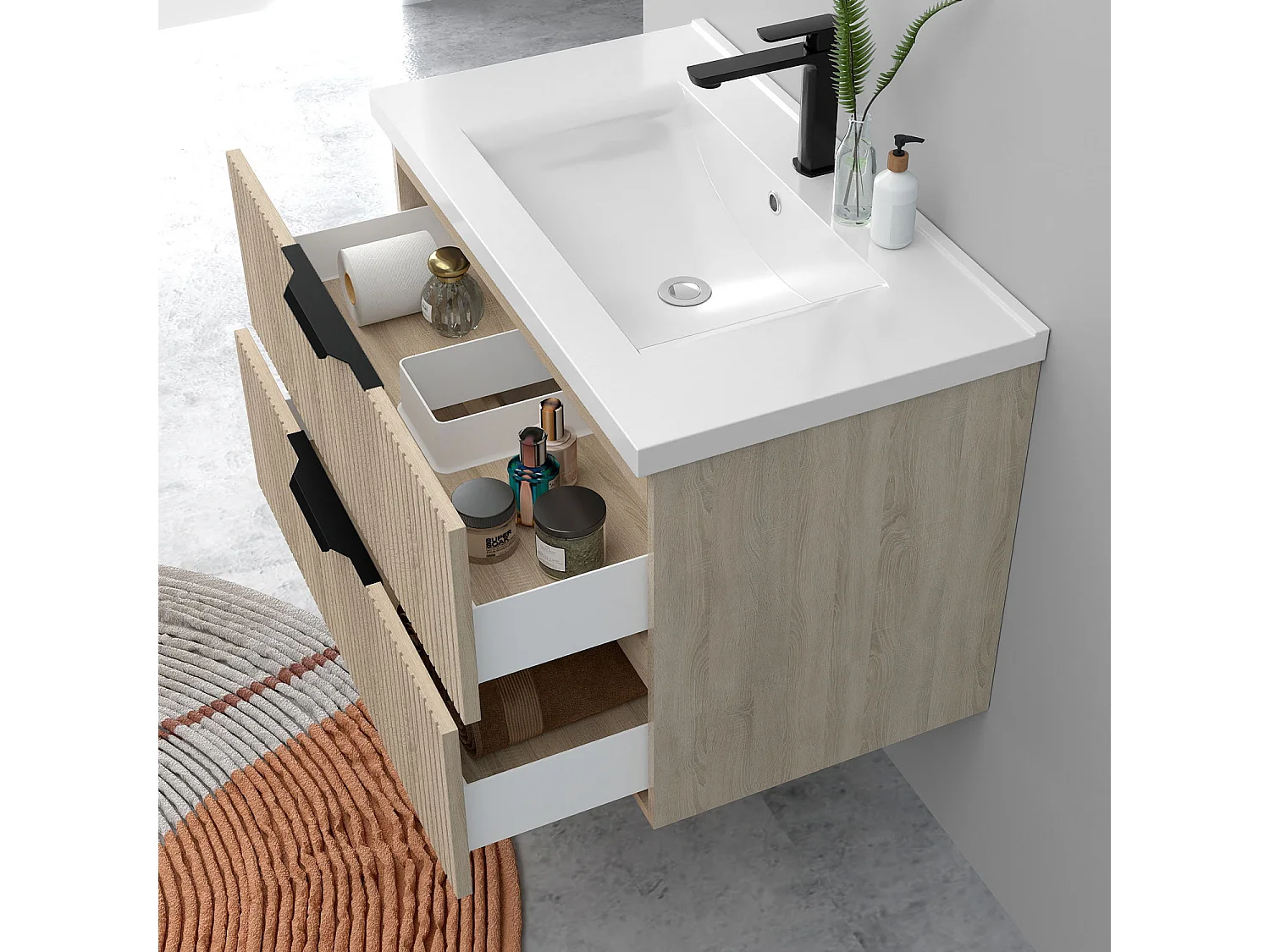Meuble de salle de bain suspendu Strié 80cm avec poignées + simple vasque + 2 tiroirs, Chêne