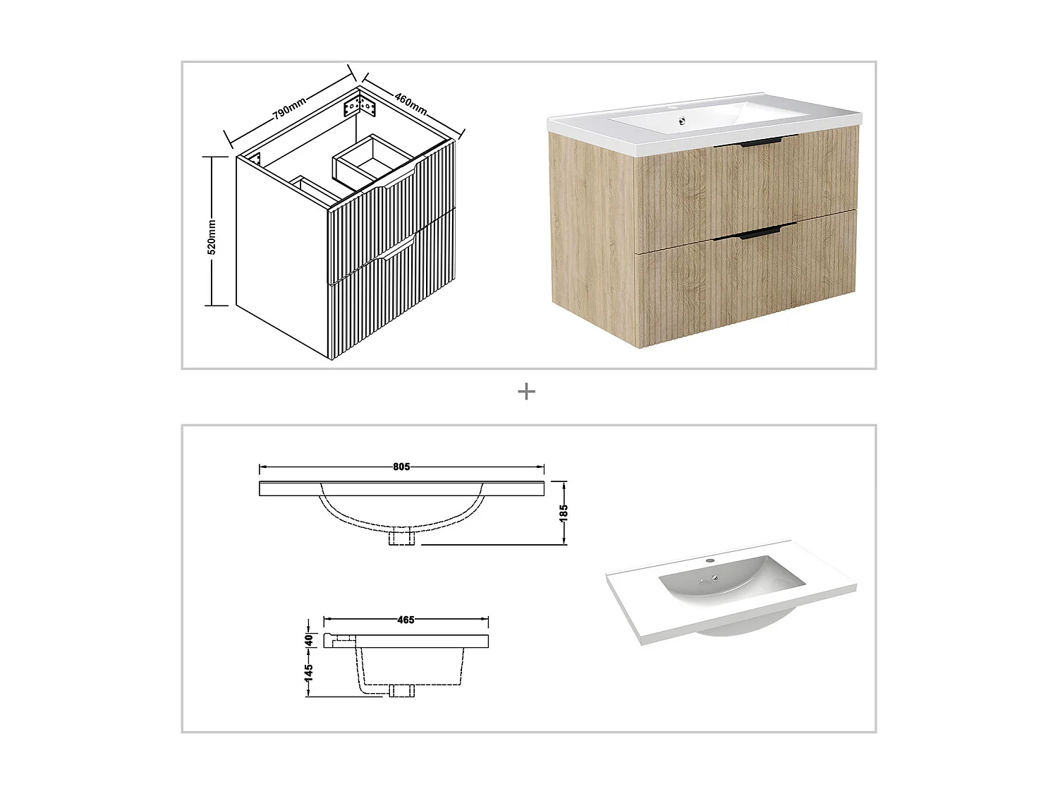 Meuble de salle de bain suspendu Strié 80cm avec poignées + simple vasque + 2 tiroirs, Chêne