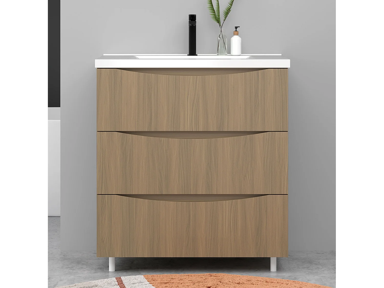 Meuble de salle de bain suspendu 80cm avec simple vasque + 3 tiroirs, Noyer