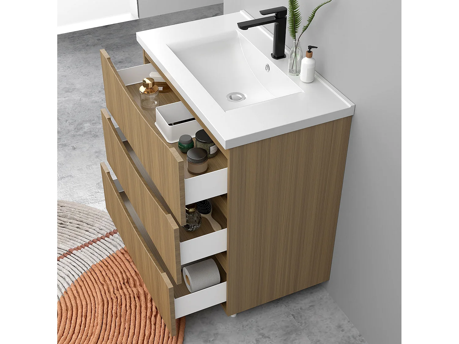 Meuble de salle de bain suspendu 80cm avec simple vasque + 3 tiroirs, Noyer