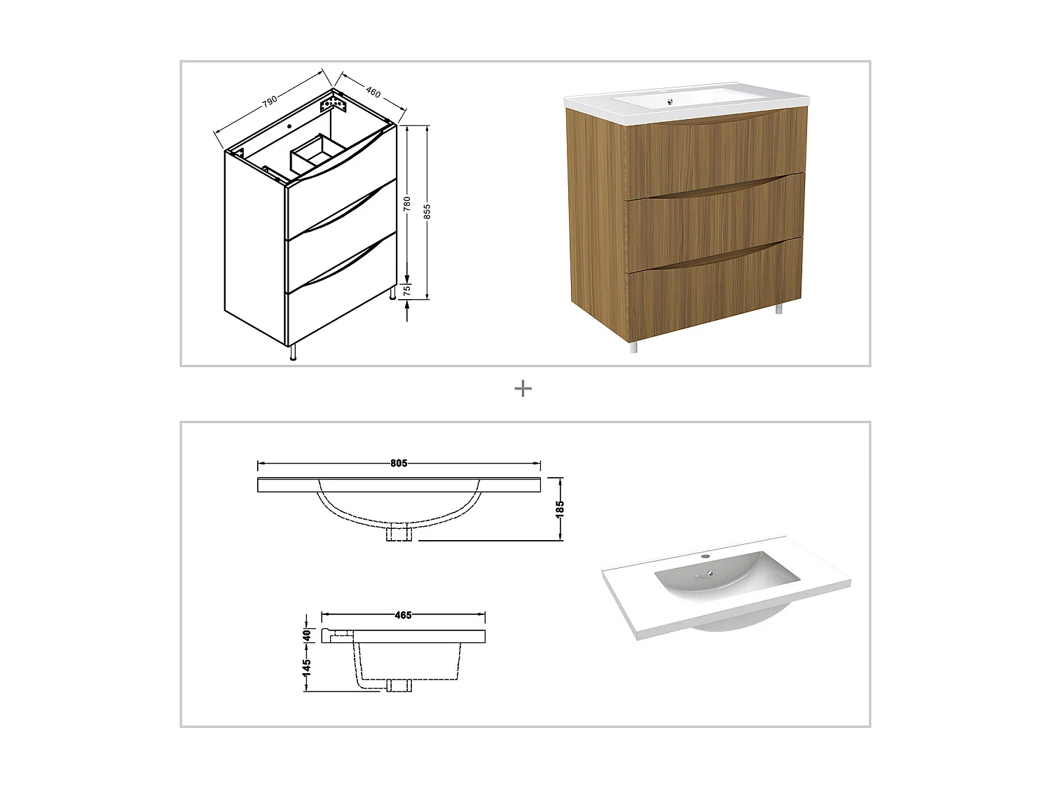 Meuble de salle de bain suspendu 80cm avec simple vasque + 3 tiroirs, Noyer