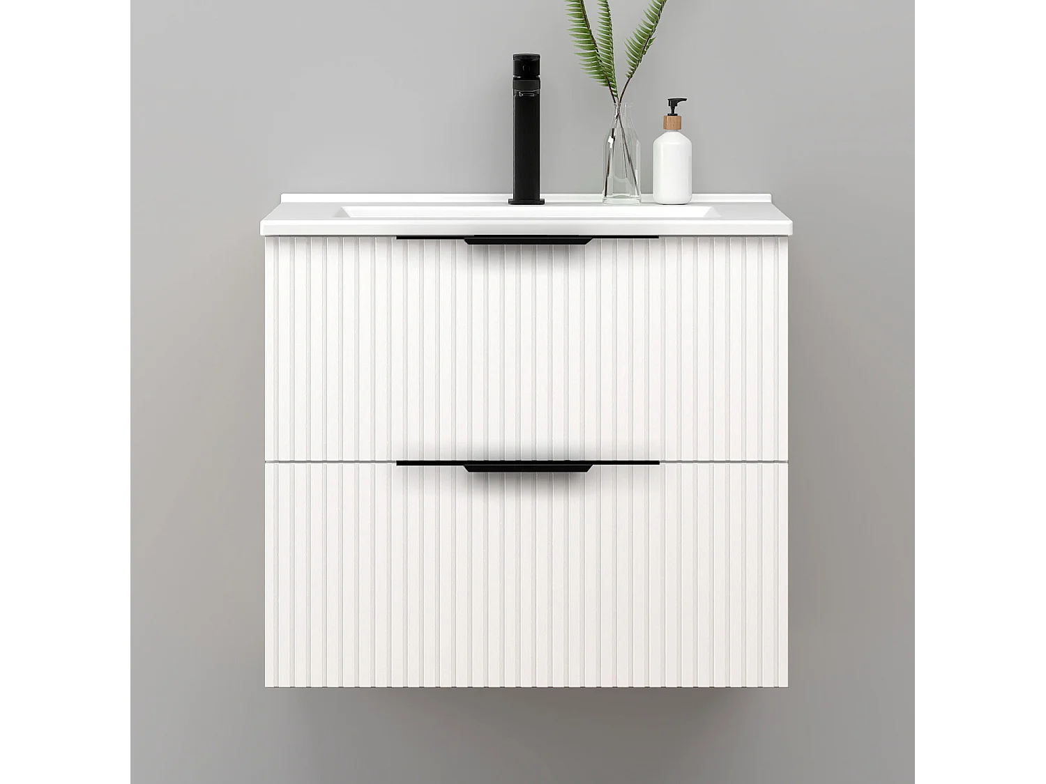 Meuble de salle de bain suspendu Strié 60cm avec poignées + simple vasque + 2 tiroirs, Blanc