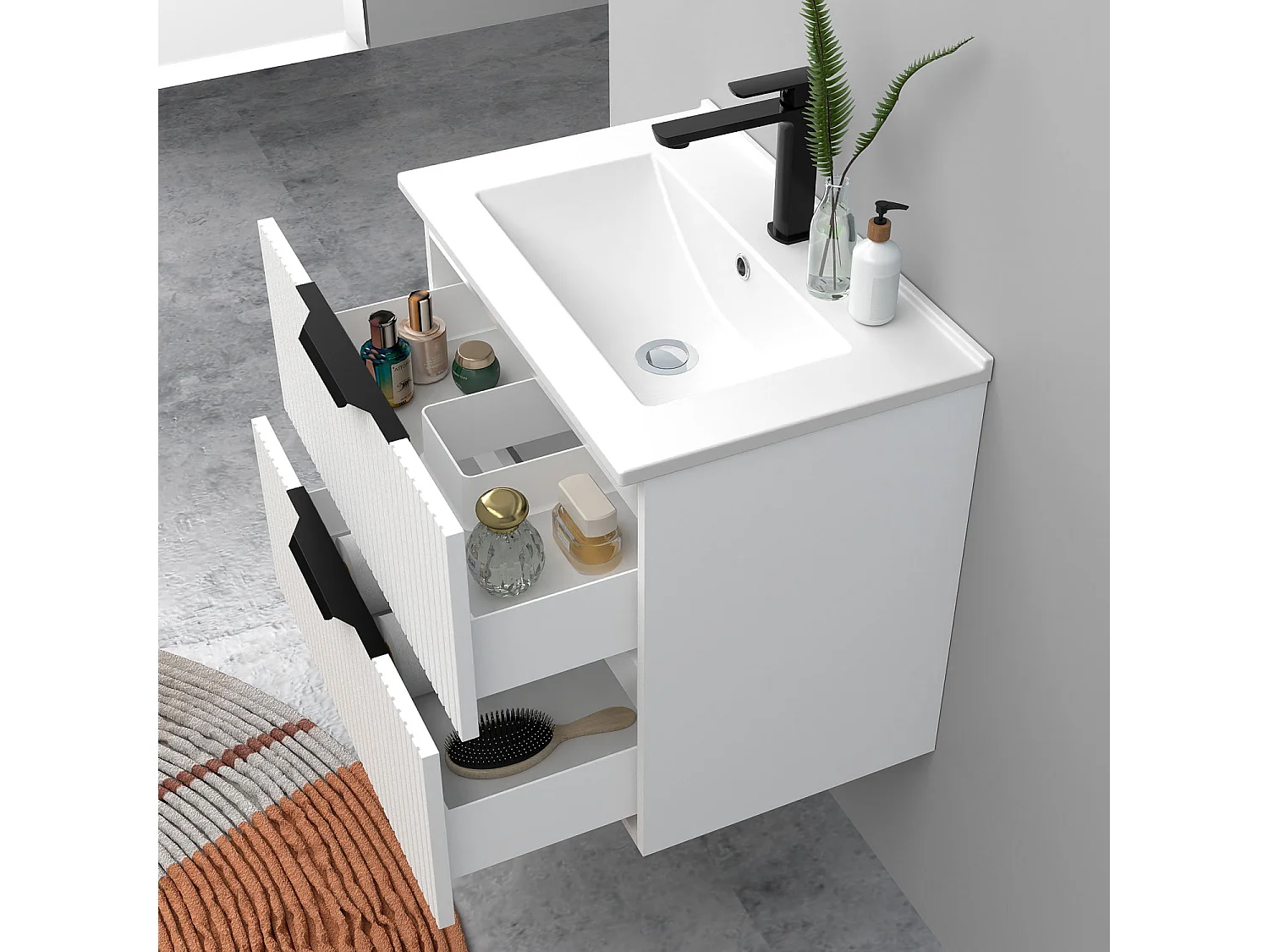Meuble de salle de bain suspendu Strié 60cm avec poignées + simple vasque + 2 tiroirs, Blanc