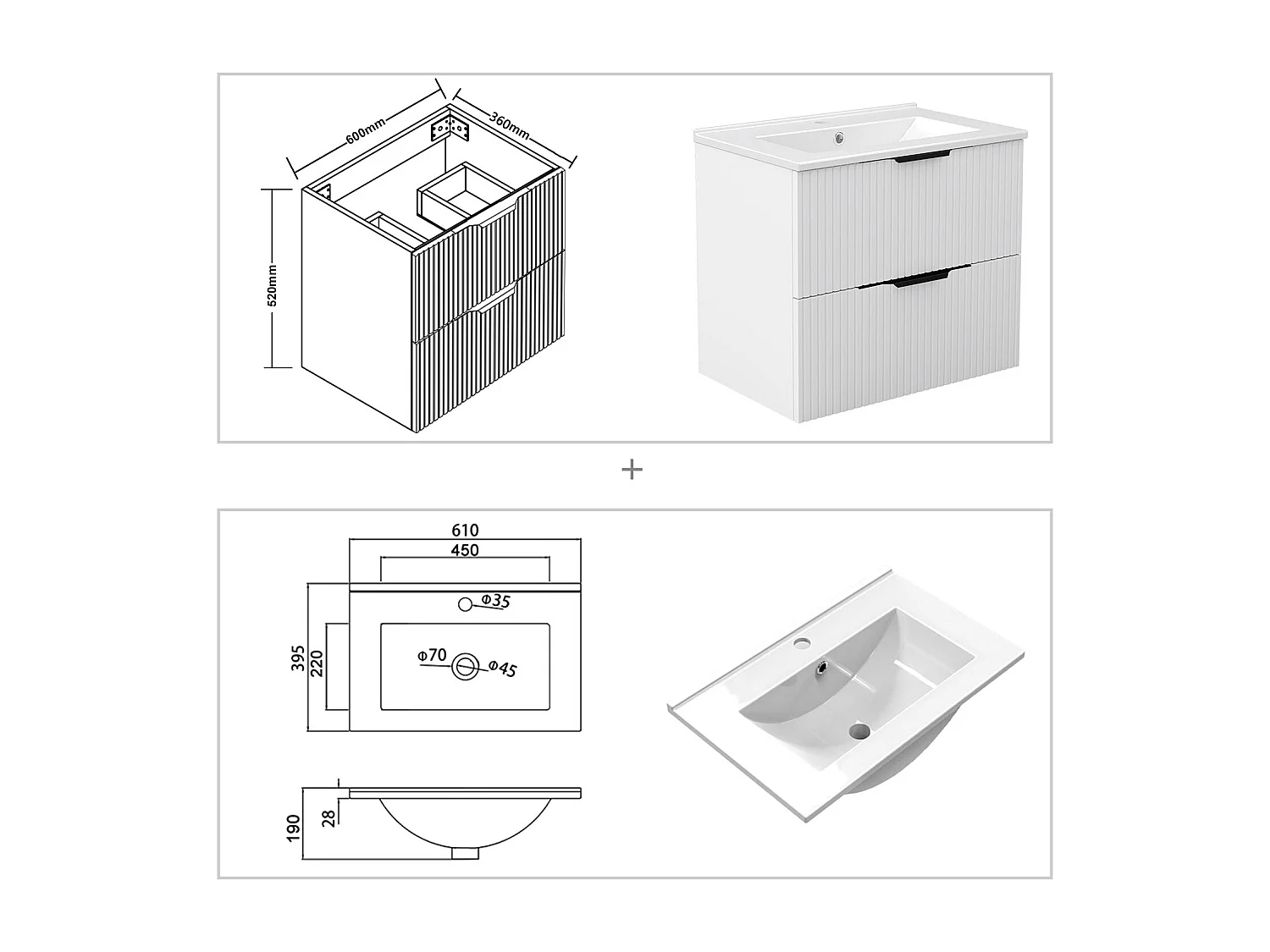Meuble de salle de bain suspendu Strié 60cm avec poignées + simple vasque + 2 tiroirs, Blanc