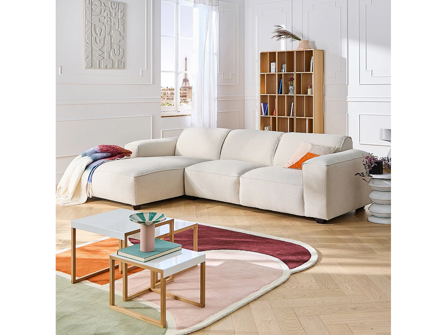 Canapé d'angle gauche en tissu chenille Nino - Crème