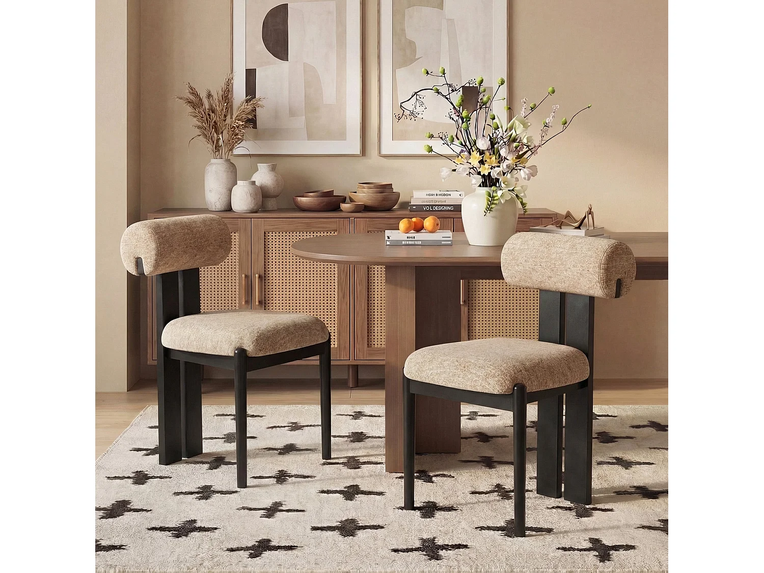 Set di 2 sedie da pranzo SMARTUE, schienale cilindrico, struttura in legno, gambe in legno nero, cammello