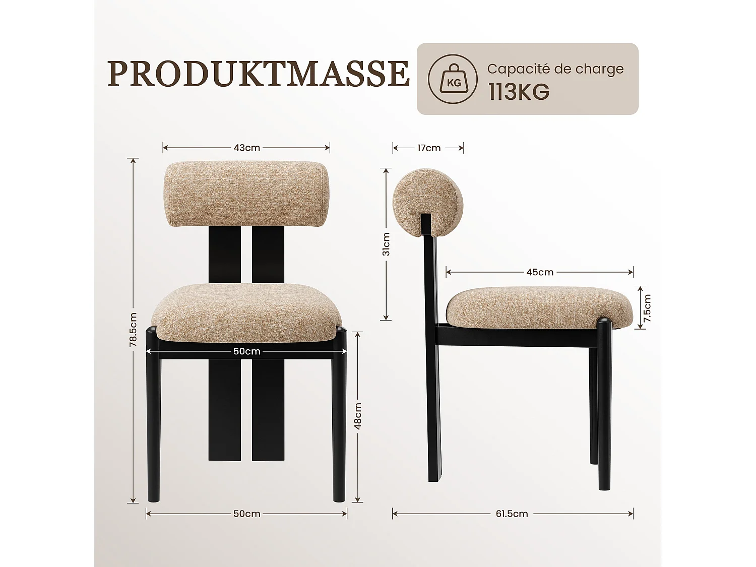 Set di 2 sedie da pranzo SMARTUE, schienale cilindrico, struttura in legno, gambe in legno nero, cammello