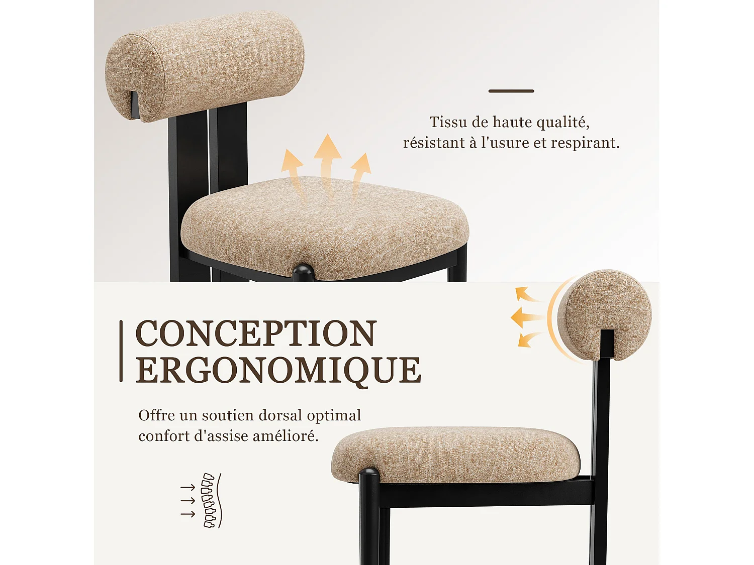 Set di 2 sedie da pranzo SMARTUE, schienale cilindrico, struttura in legno, gambe in legno nero, cammello