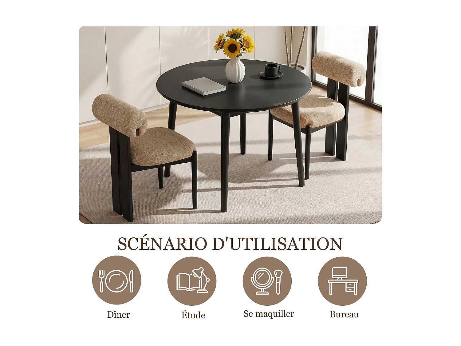 Set di 2 sedie da pranzo SMARTUE, schienale cilindrico, struttura in legno, gambe in legno nero, cammello