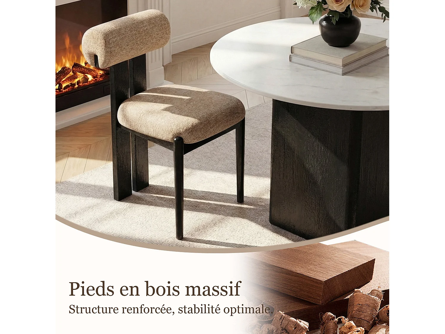 Set di 2 sedie da pranzo SMARTUE, schienale cilindrico, struttura in legno, gambe in legno nero, cammello