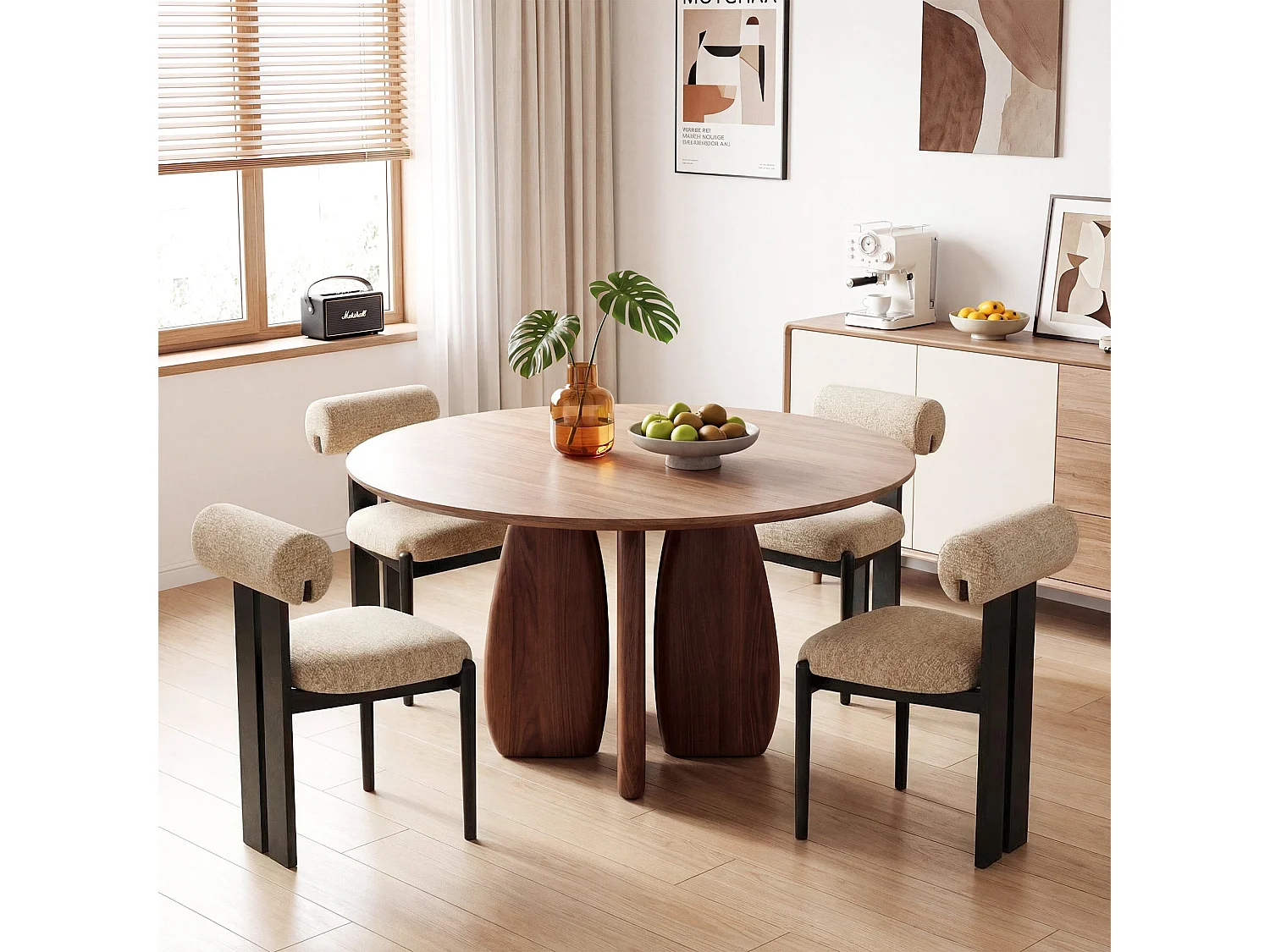 Set di 2 sedie da pranzo SMARTUE, schienale cilindrico, struttura in legno, gambe in legno nero, cammello