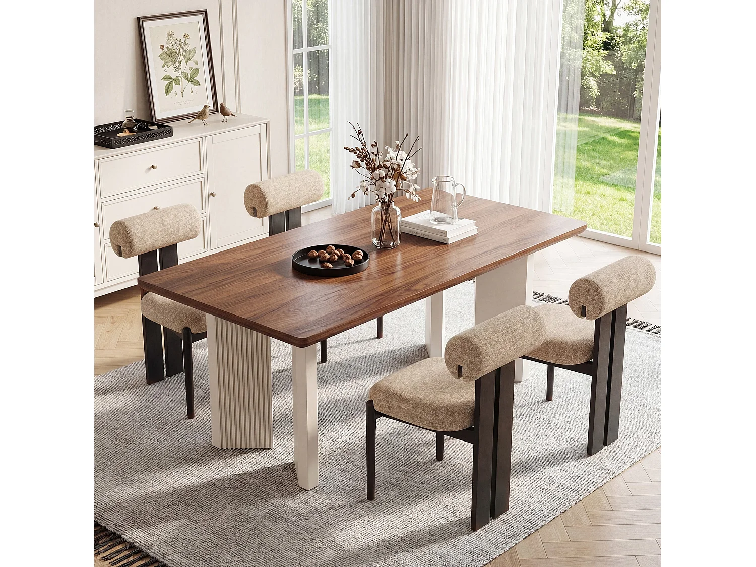 Set di 2 sedie da pranzo SMARTUE, schienale cilindrico, struttura in legno, gambe in legno nero, cammello