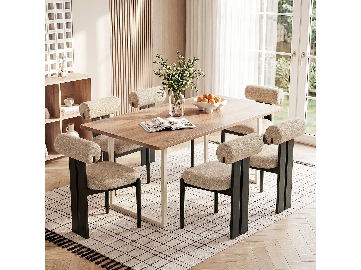 Set di 2 sedie da pranzo SMARTUE, schienale cilindrico, struttura in legno, gambe in legno nero, cammello