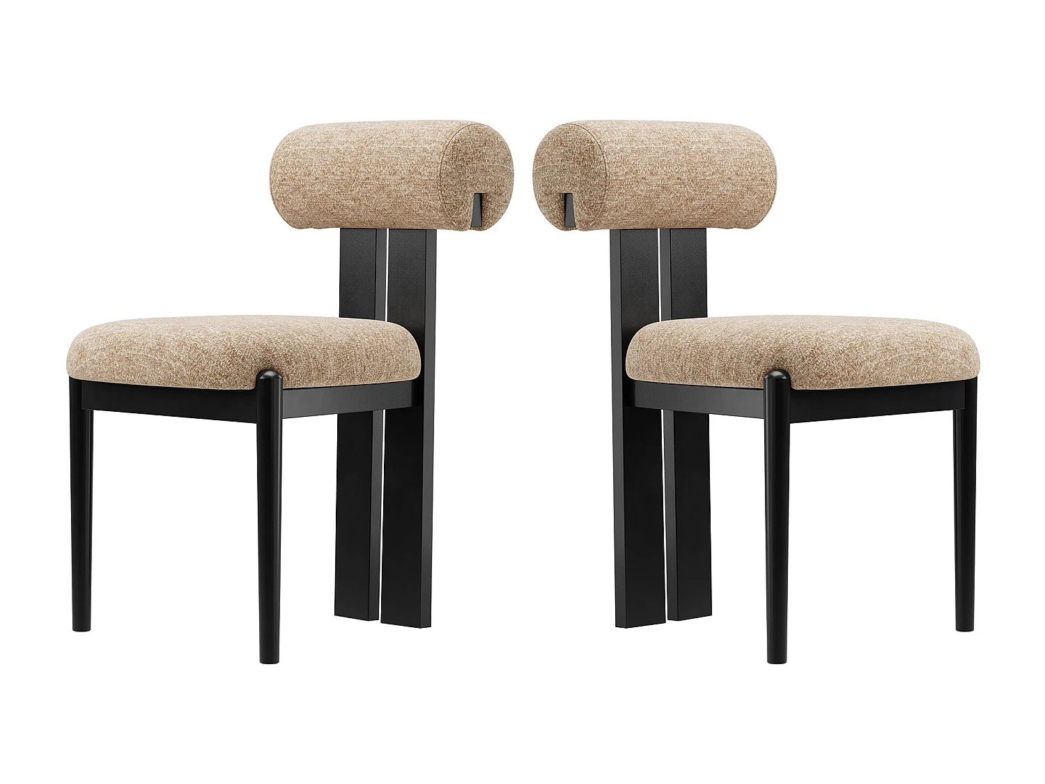 Set di 2 sedie da pranzo SMARTUE, schienale cilindrico, struttura in legno, gambe in legno nero, cammello