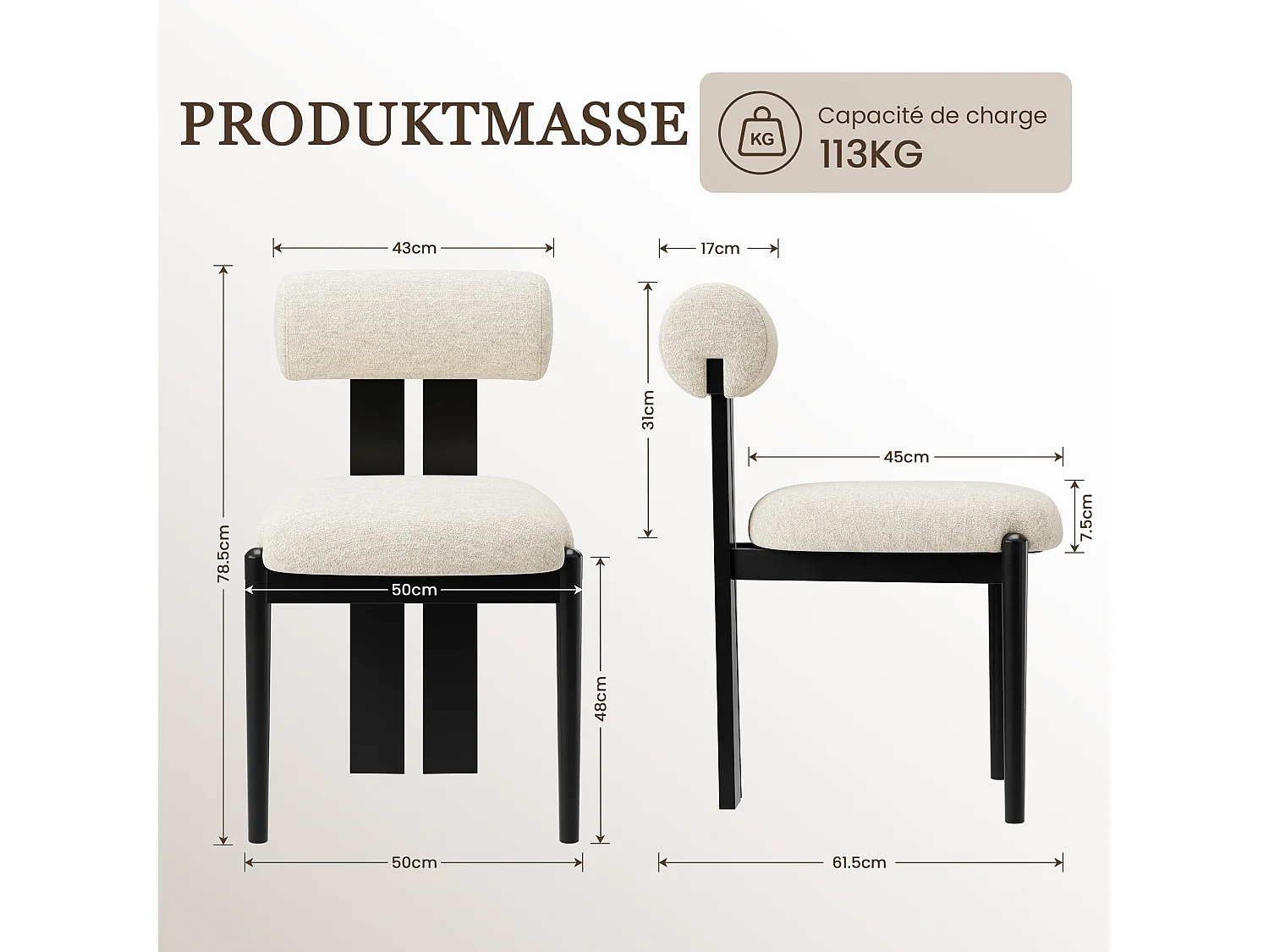 Set van 2 eetkamerstoelen SMARTUE, cilindrische rugleuning, houten frame, zwarte houten poten, beige