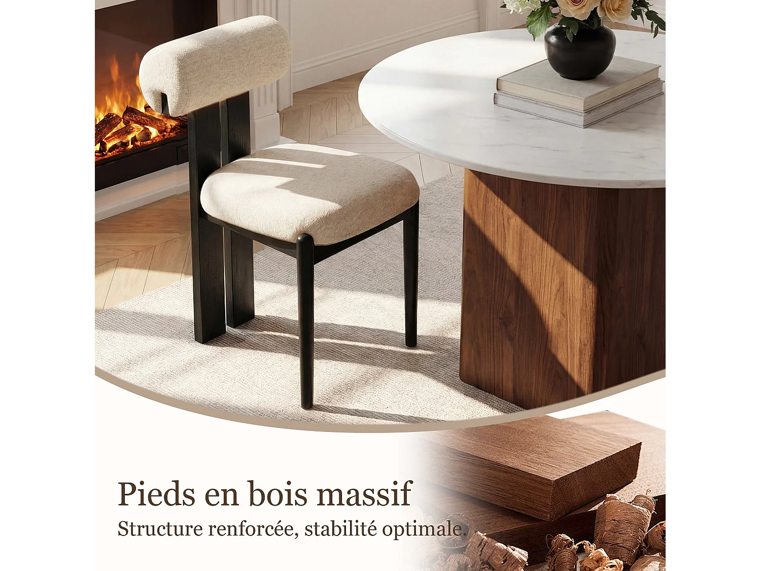 Set van 2 eetkamerstoelen SMARTUE, cilindrische rugleuning, houten frame, zwarte houten poten, beige