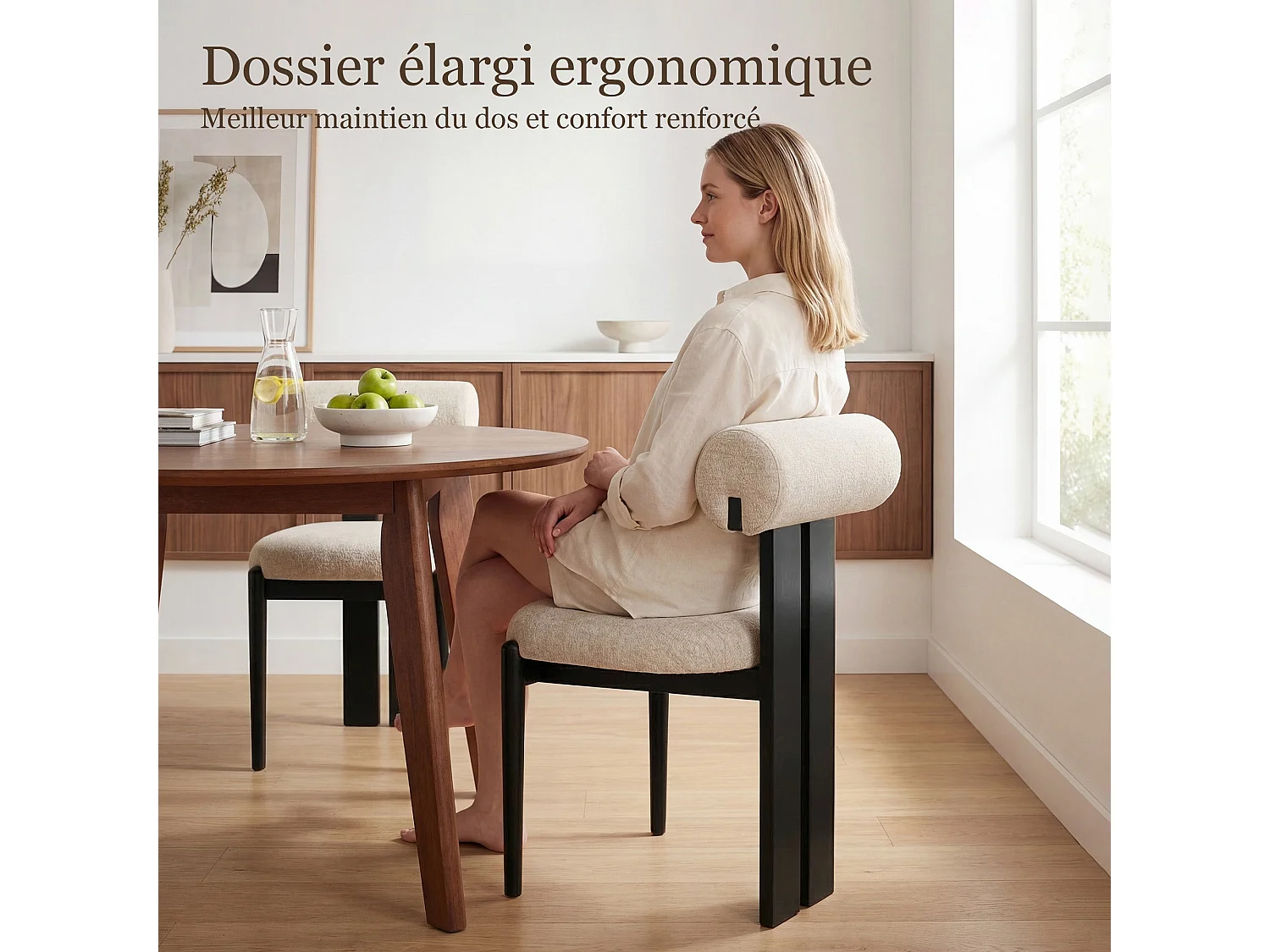 Set van 2 eetkamerstoelen SMARTUE, cilindrische rugleuning, houten frame, zwarte houten poten, beige