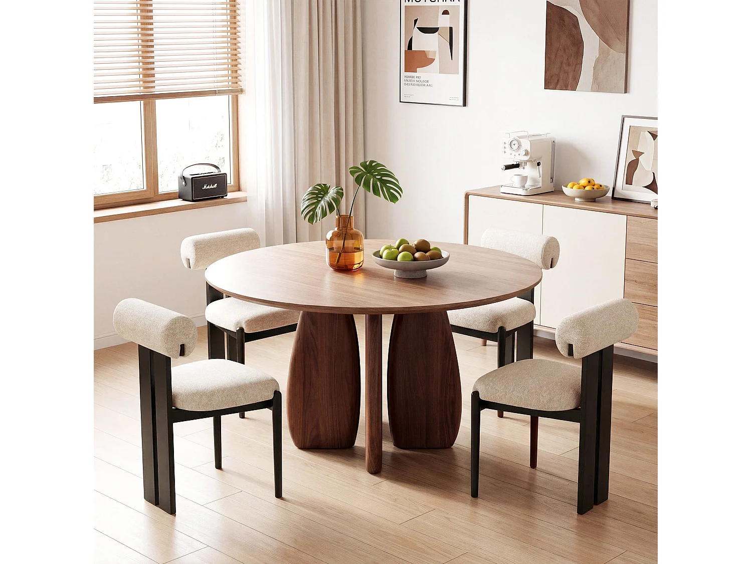 Set van 2 eetkamerstoelen SMARTUE, cilindrische rugleuning, houten frame, zwarte houten poten, beige
