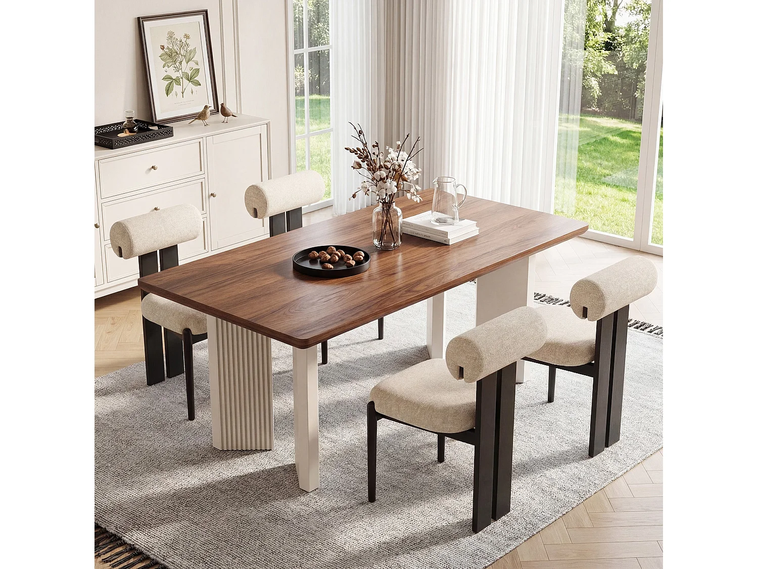 Set van 2 eetkamerstoelen SMARTUE, cilindrische rugleuning, houten frame, zwarte houten poten, beige