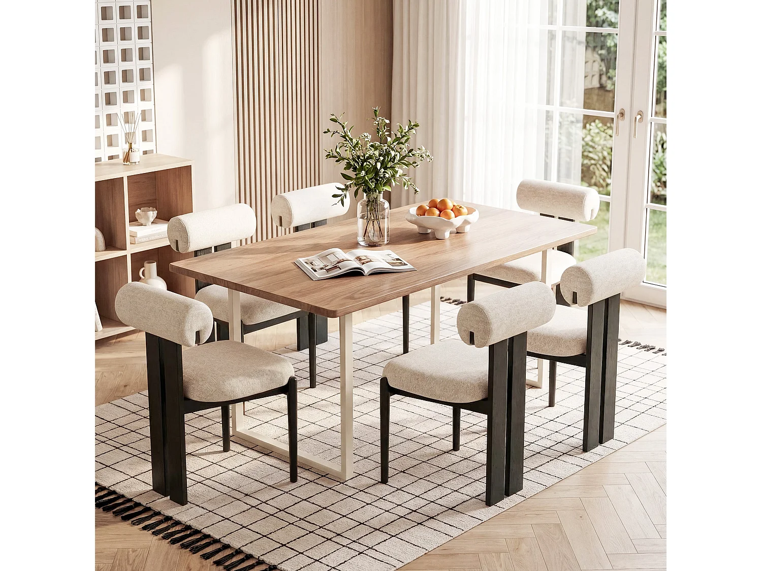 Set van 2 eetkamerstoelen SMARTUE, cilindrische rugleuning, houten frame, zwarte houten poten, beige