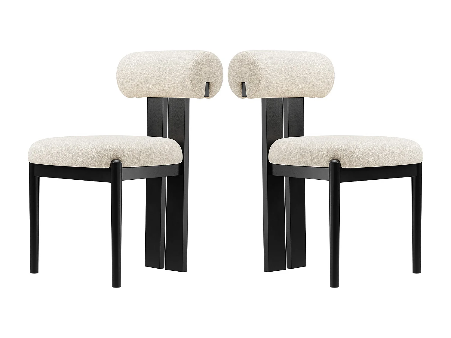 Set van 2 eetkamerstoelen SMARTUE, cilindrische rugleuning, houten frame, zwarte houten poten, beige