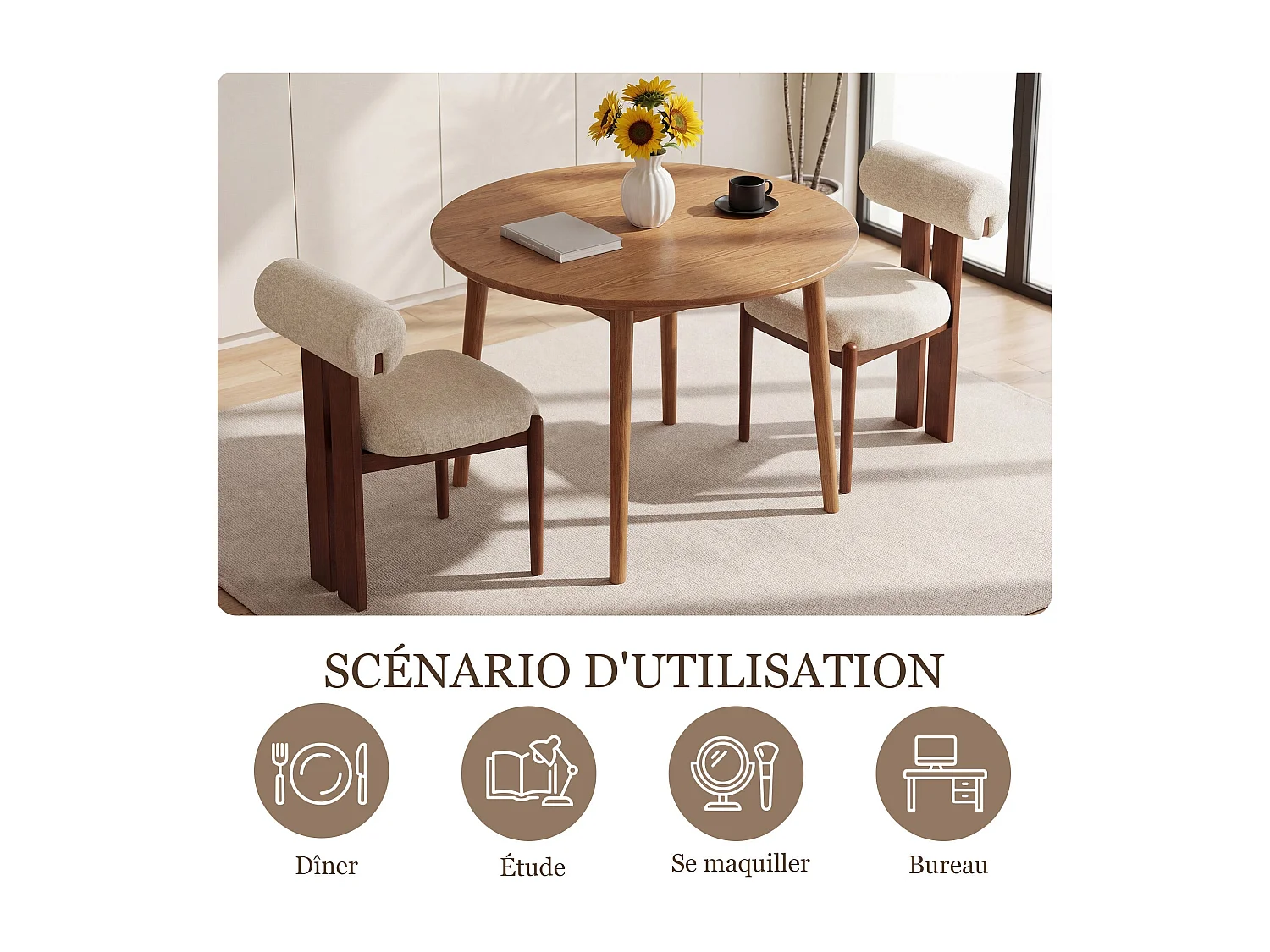 Set van 2 eetkamerstoelen SMARTUE, cilindrische rugleuning, houten frame, poten in donker walnootkleur, beige