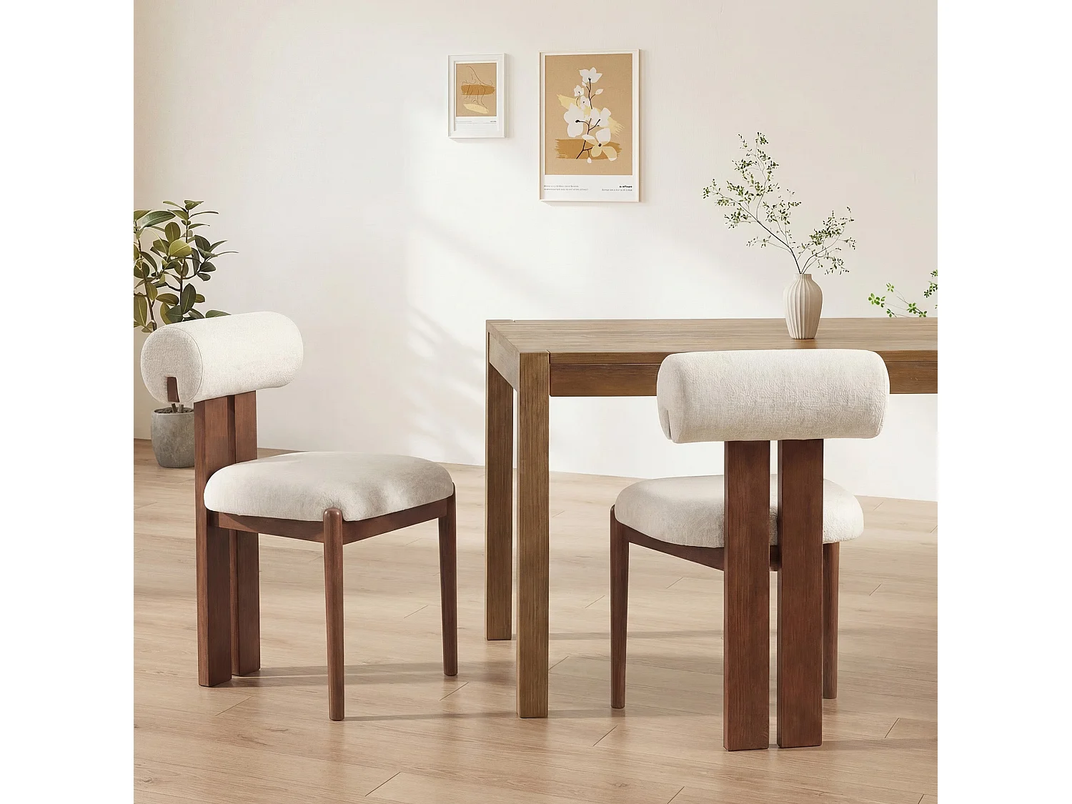 Lot de 2 chaises de salle à manger SMARTUE, dossier cylindrique, cadre en bois, pieds noyer foncé, Beige