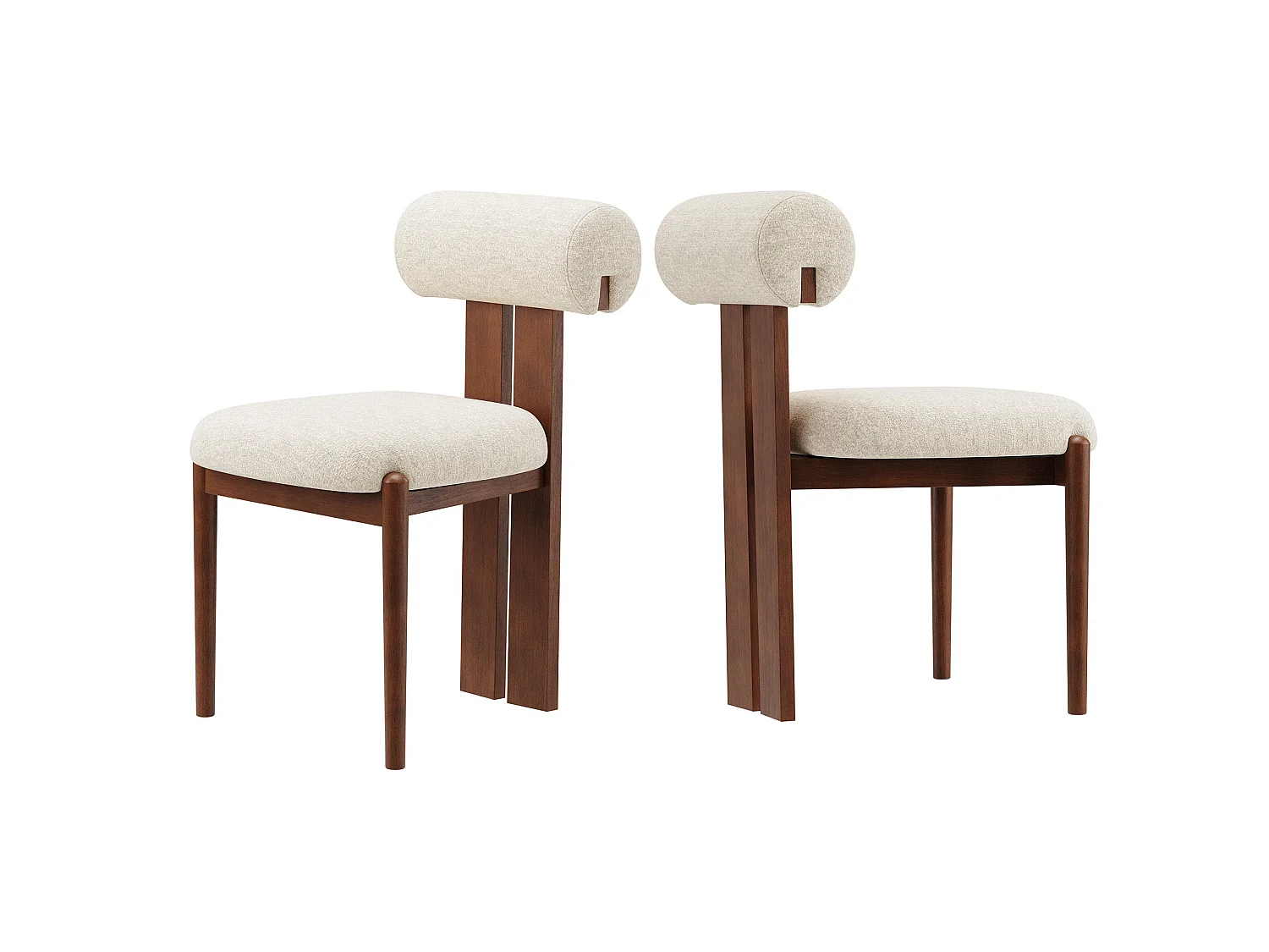 Lot de 2 chaises de salle à manger SMARTUE, dossier cylindrique, cadre en bois, pieds noyer foncé, Beige