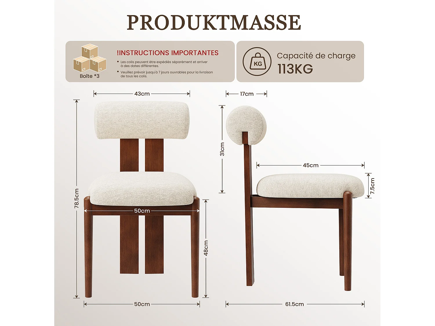 Lot de 2 chaises de salle à manger SMARTUE, dossier cylindrique, cadre en bois, pieds noyer foncé, Beige