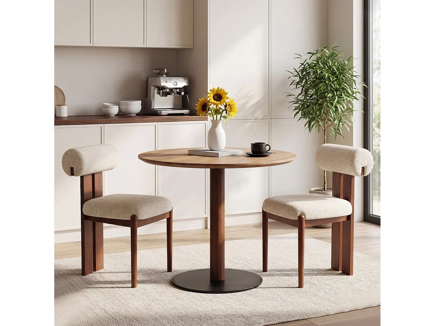 Set di 2 sedie da pranzo SMARTUE, schienale cilindrico, struttura in legno, gambe colore noce scuro, beige