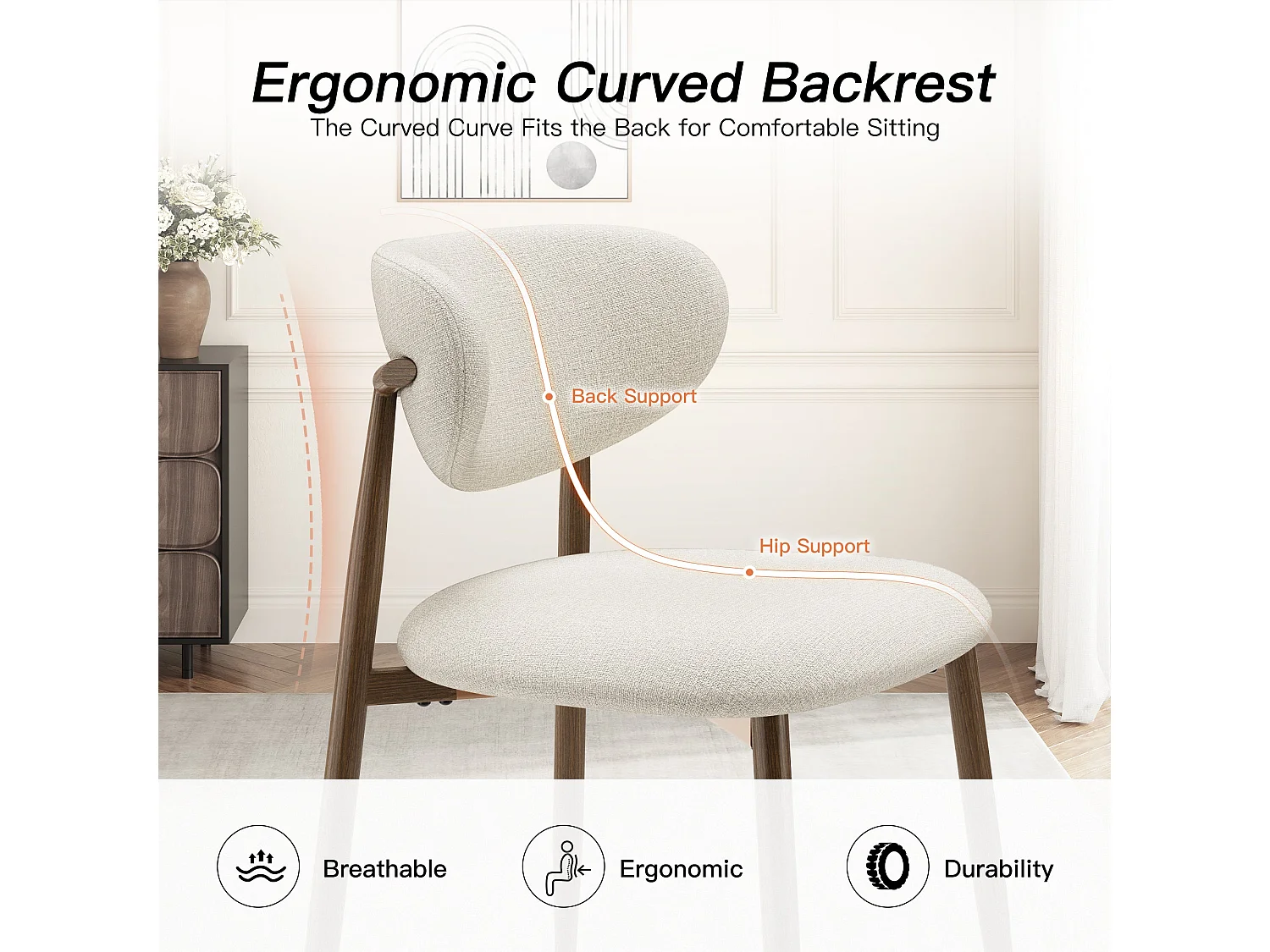 Set van 2 eetkamerstoelen SMARTUE, gestoffeerd, gebogen rugleuning, metalen poten met antislipdoppen, beige