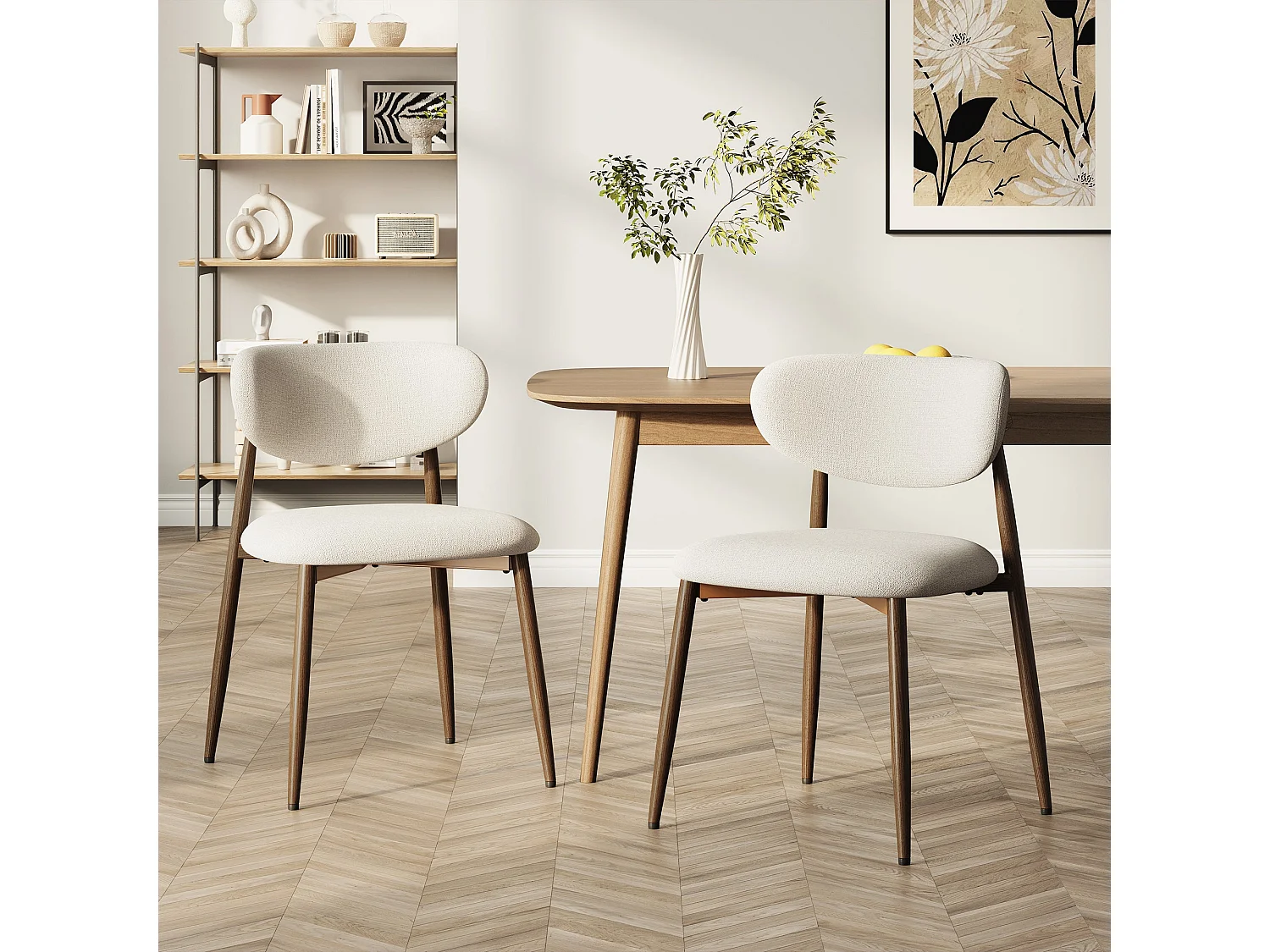 Lot de 2 chaises de salle à manger, rembourrées, dossier incurvé, pieds en métal avec patins antidérapants, beige