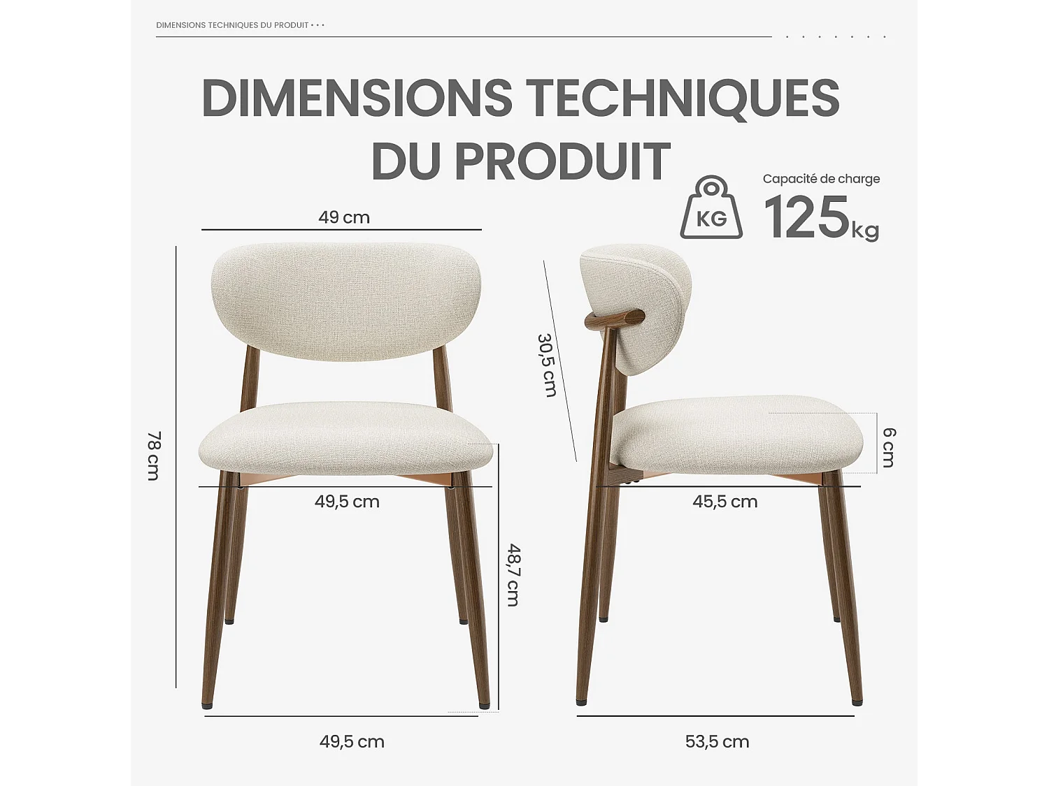Lot de 2 chaises de salle à manger, rembourrées, dossier incurvé, pieds en métal avec patins antidérapants, beige