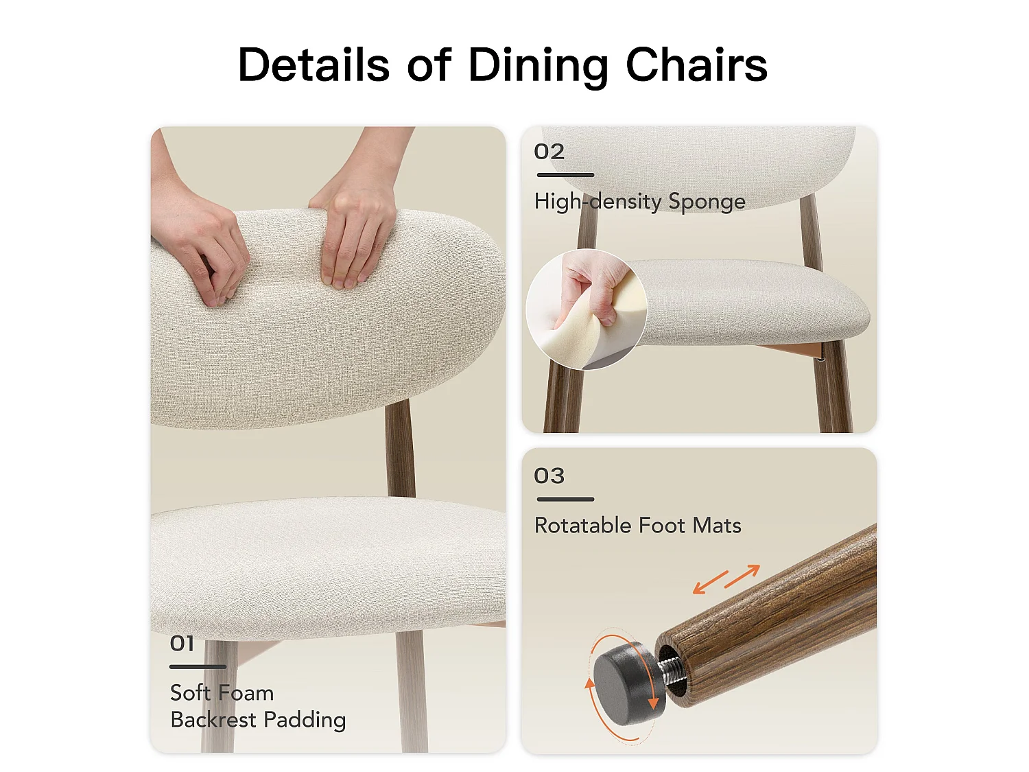 Lot de 2 chaises de salle à manger, rembourrées, dossier incurvé, pieds en métal avec patins antidérapants, beige