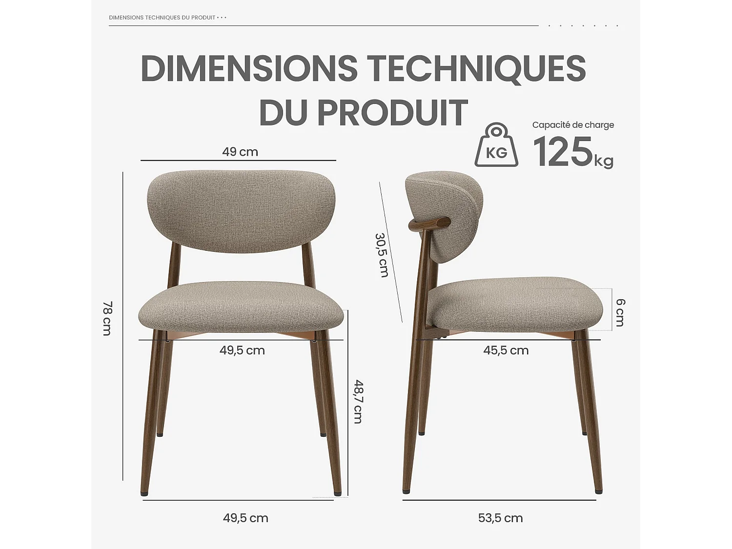 Lot de 2 chaises de salle à manger, rembourrées, dossier incurvé, pieds en métal avec patins antidérapants, marron