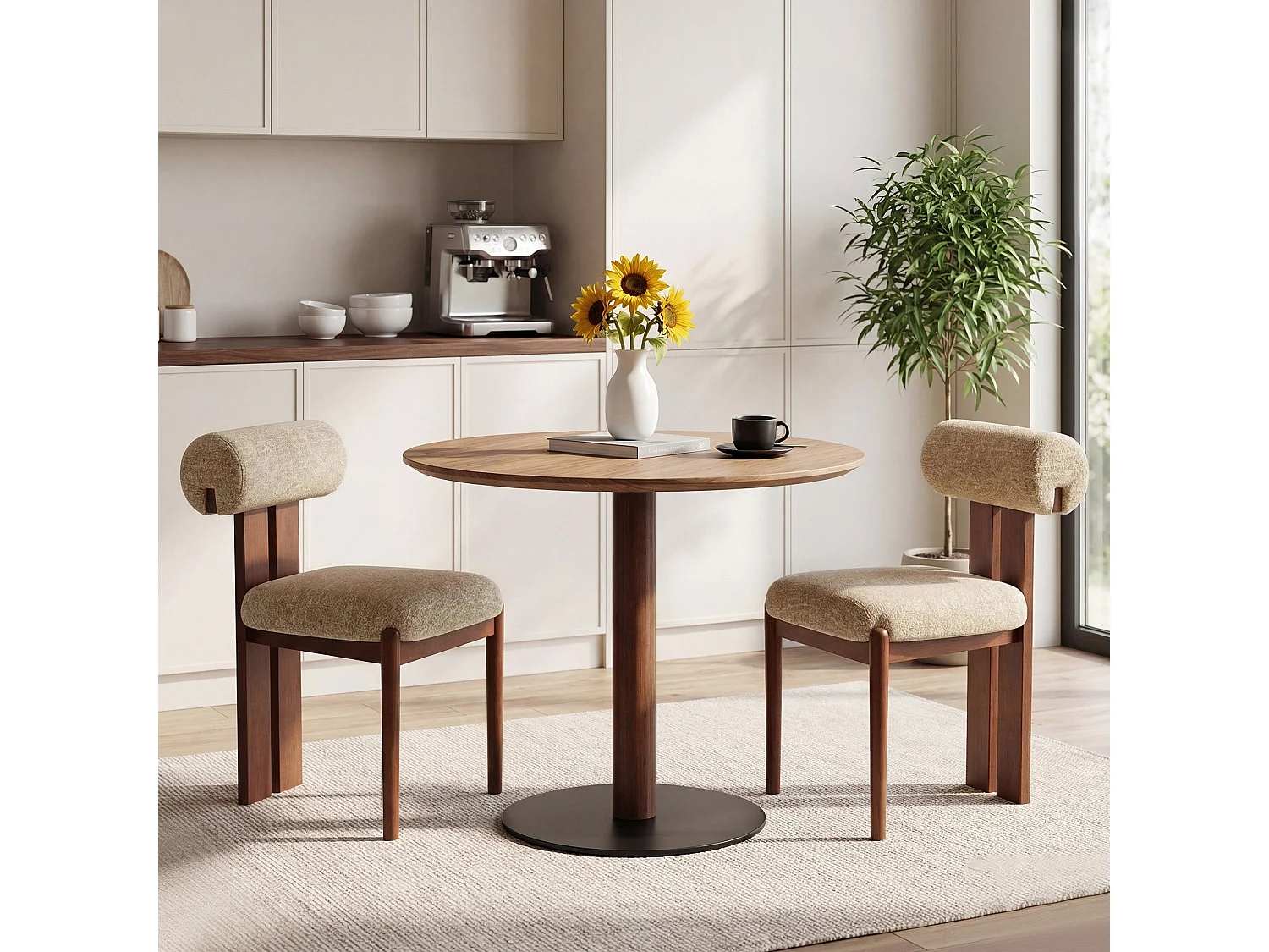 Lot de 2 chaises de salle à manger SMARTUE, dossier cylindrique, cadre en bois, pieds noyer foncé, Camel